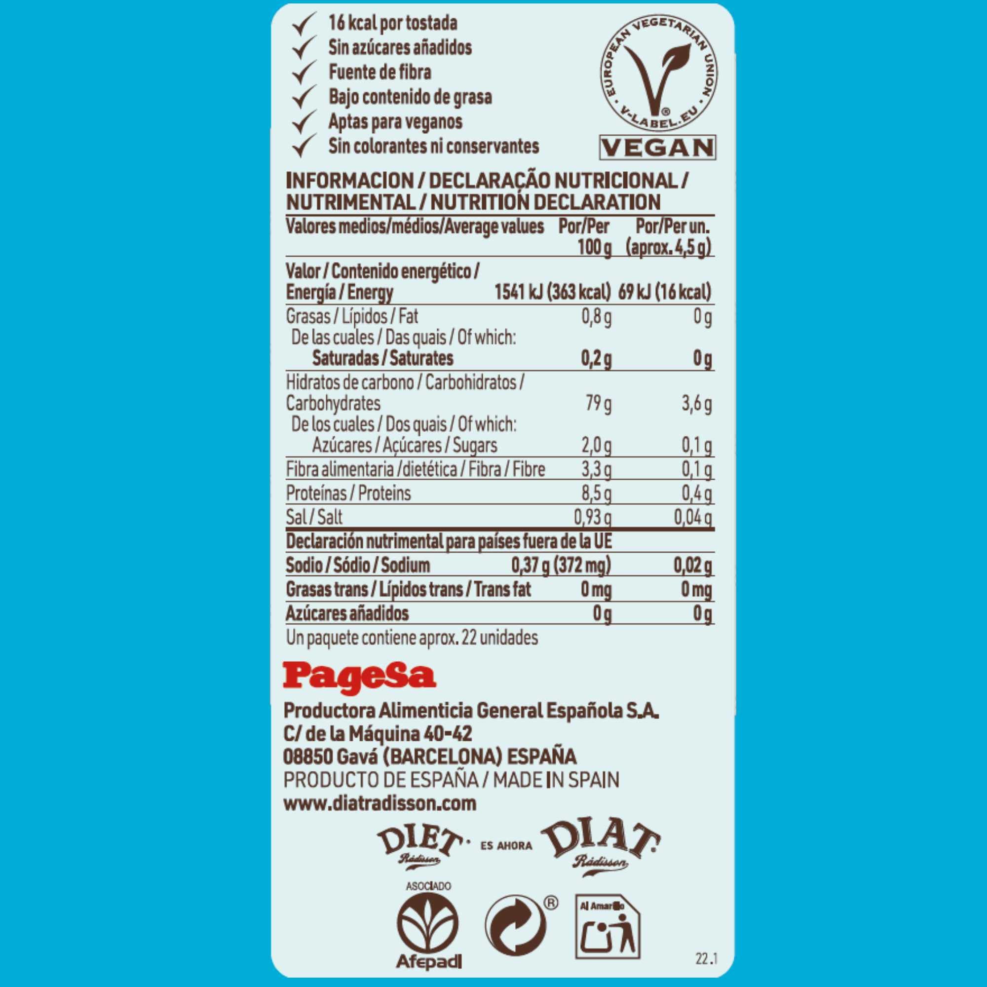 DIAT Radisson - Tostadas Ligeras | Tostadas Veganas | Fuente de Fibra | Bajo Contenido en Grasa | Sin Azúcar Añadido | Apto para Dietas de Control de Peso