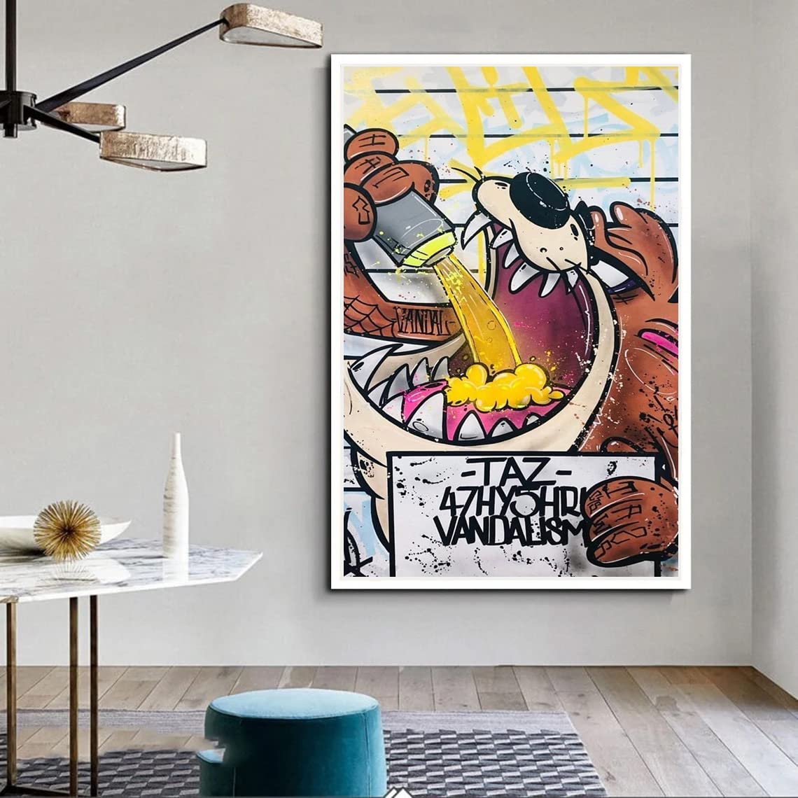 VERRE ART Printed Framed Canvas Painting for Home Decor Office Wall Studio Wall Living Room Decoration (45x60inch White Floater) - Taz Cat Grafitti Art