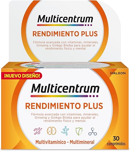 Multicentrum Plus Complemento Alimenticio Multivitamínico y Multimineral Con Ginseng y Ginkgo Biloba Para Adultos, Sin Gluten, 30 Comprimidos