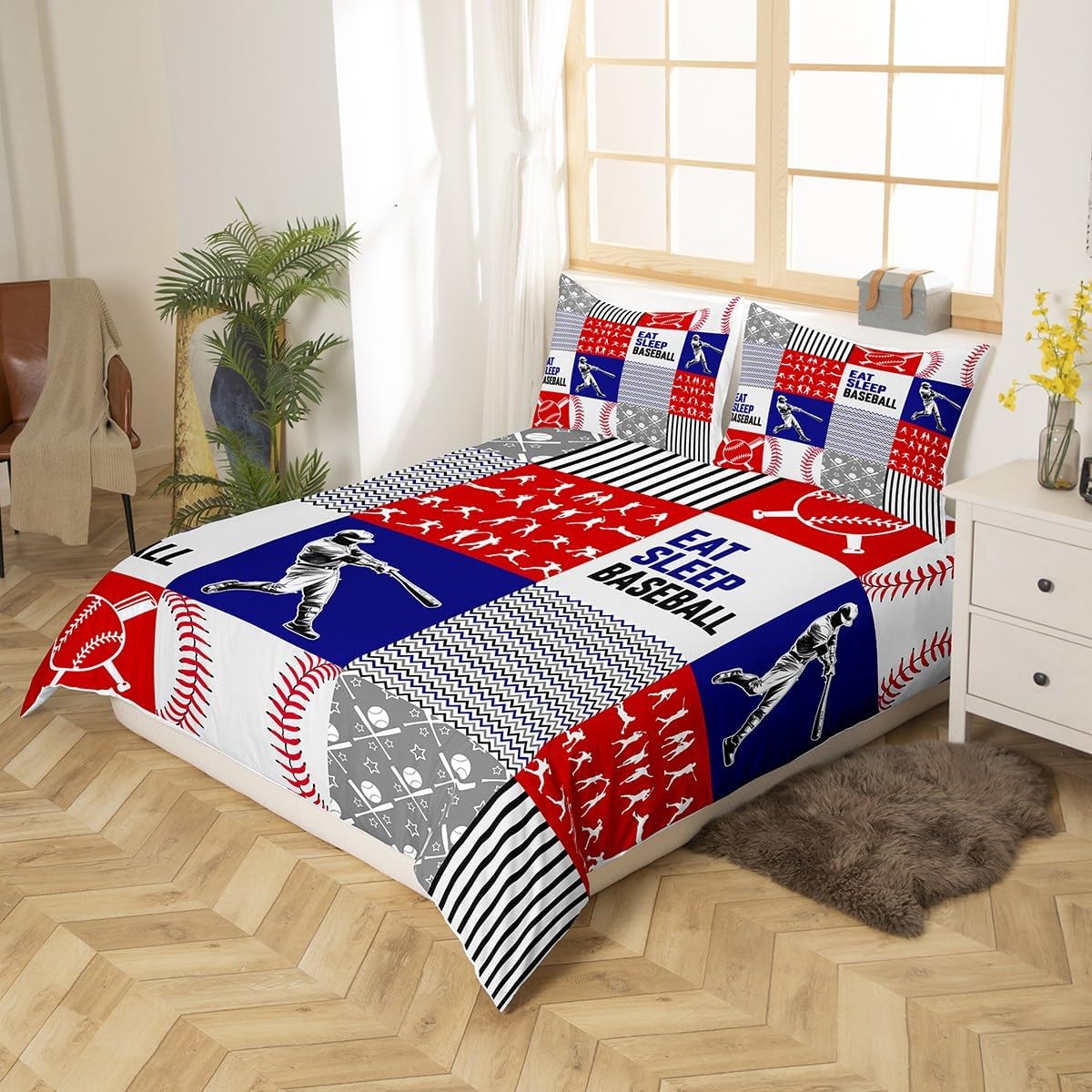 Erosebridal Baseball Duvet Cover Queen for Kids Teens, Boys Bedding Set, Bat Balls Comforter Cover Lightweight Soft, Sports Ball Game Bed Sets With 2 Pillowcases Zipper & Ties