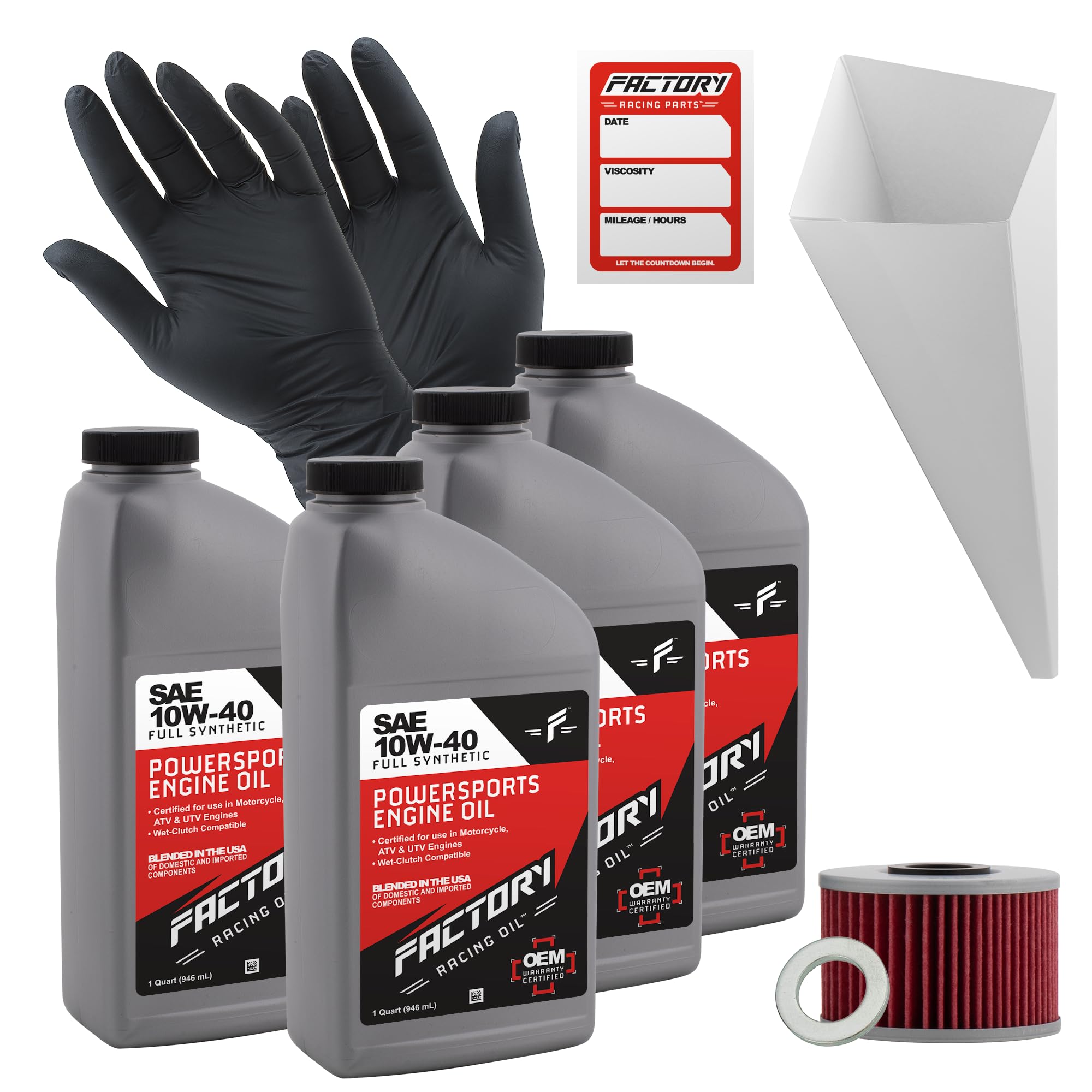 Factory Racing Parts Oil Change Kit compatible with Honda TRX420FA/FPA Fourtrax Rancher AT – Includes 4 Quarts of 10W-40 Full Synthetic Oil, 1 Filter, 1 Crush Washer, 1 Funnel, 1 Oil Change Sticker