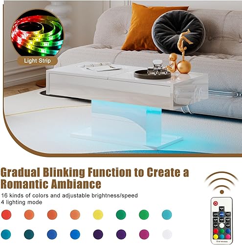 Miniatura 23 de Mesa de centro LED negra con almacenamiento para sala de estar, mesa central rectangular, mesas de centro modernas de madera de alto brillo para