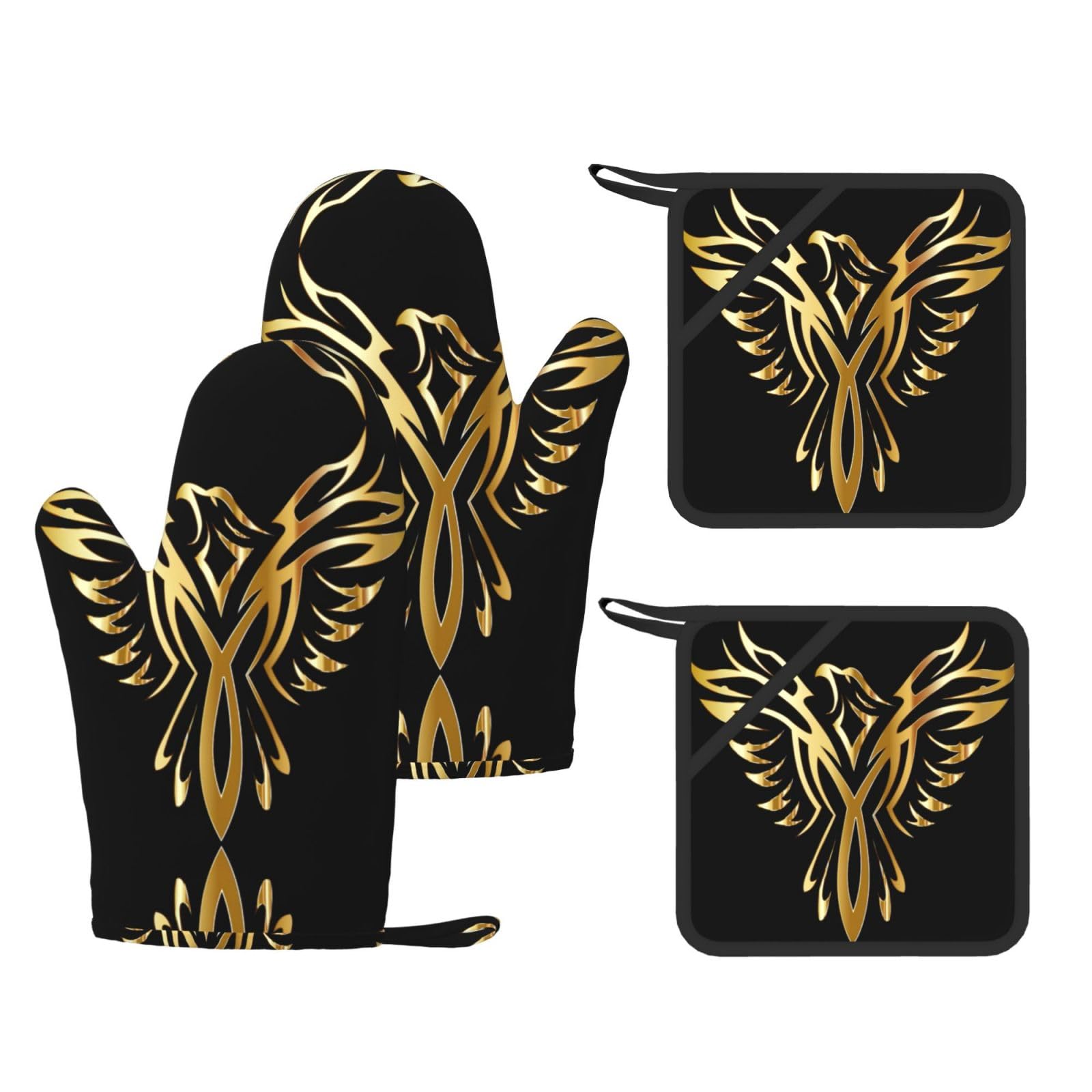 Eeprty Black Phoenix Printed Kitchen Oven Gloves And Potholder 4 Pcs, Non-Slip Heat Resistant Mitts For Baking Chef