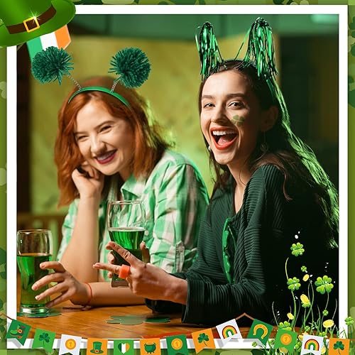 Miniatura 4 de 8 diademas de pompón verde para fiesta del día de San Patricio plumas colas de caballo diadema envuelta en oropel para mujeres niñas y niños