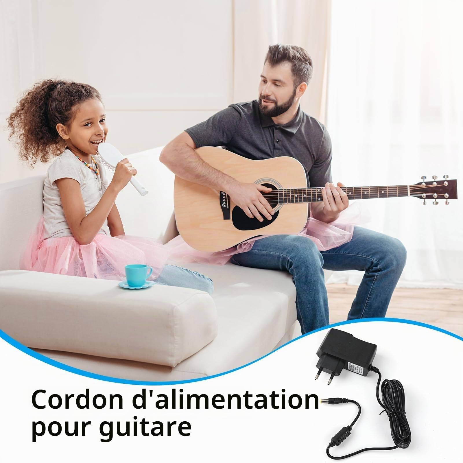 Chargeur Adaptateur d'Alimentation Universel 9V-850mA pour Pédales d'Effet Guitare - Câble de 2m avec Connecteur 5,5mm x 2,1mm, Pointe Négative, Compatible Multi-Marques