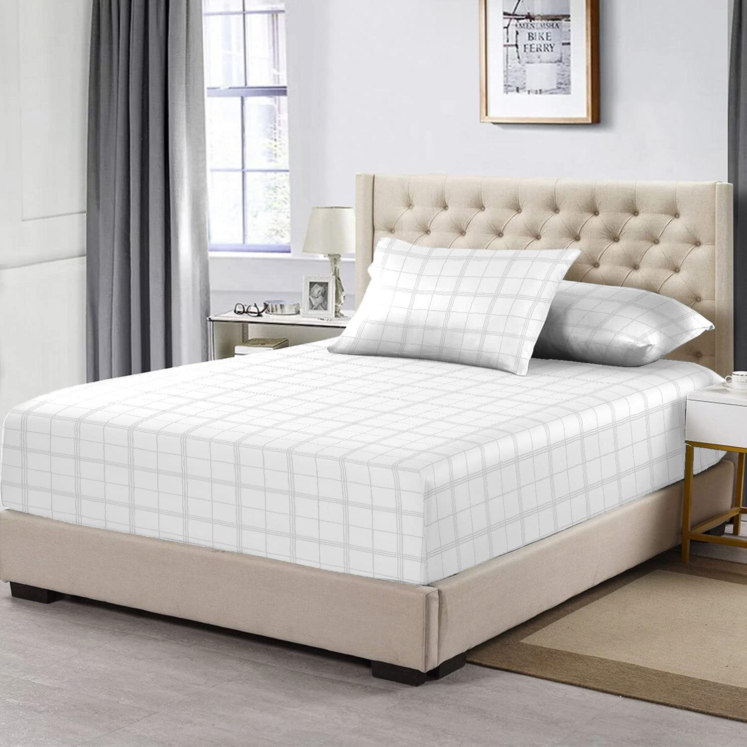 Pizuna 100% Cotton White Big Checks King Size Fitted Sheets, 300 Thread Count Long Staple Combed Cotton Damask Bedding