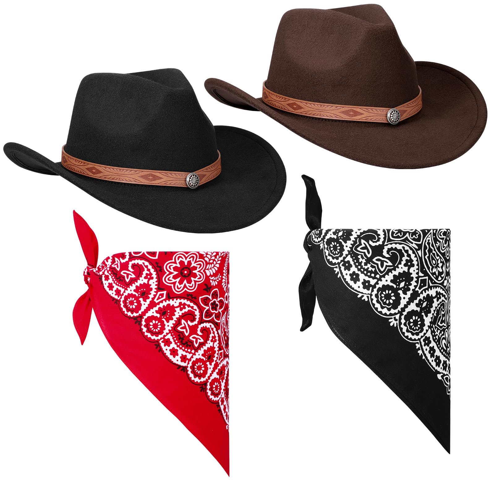ViEinkaufen 2Pcs Cowboy Hats Black Brown, Cowboy Hat with Bandana Scarf Western Hat Set Fancy Dress Party Accessory for Women Men Halloween Birthday Cosplay Party (Black+Brown 2#)