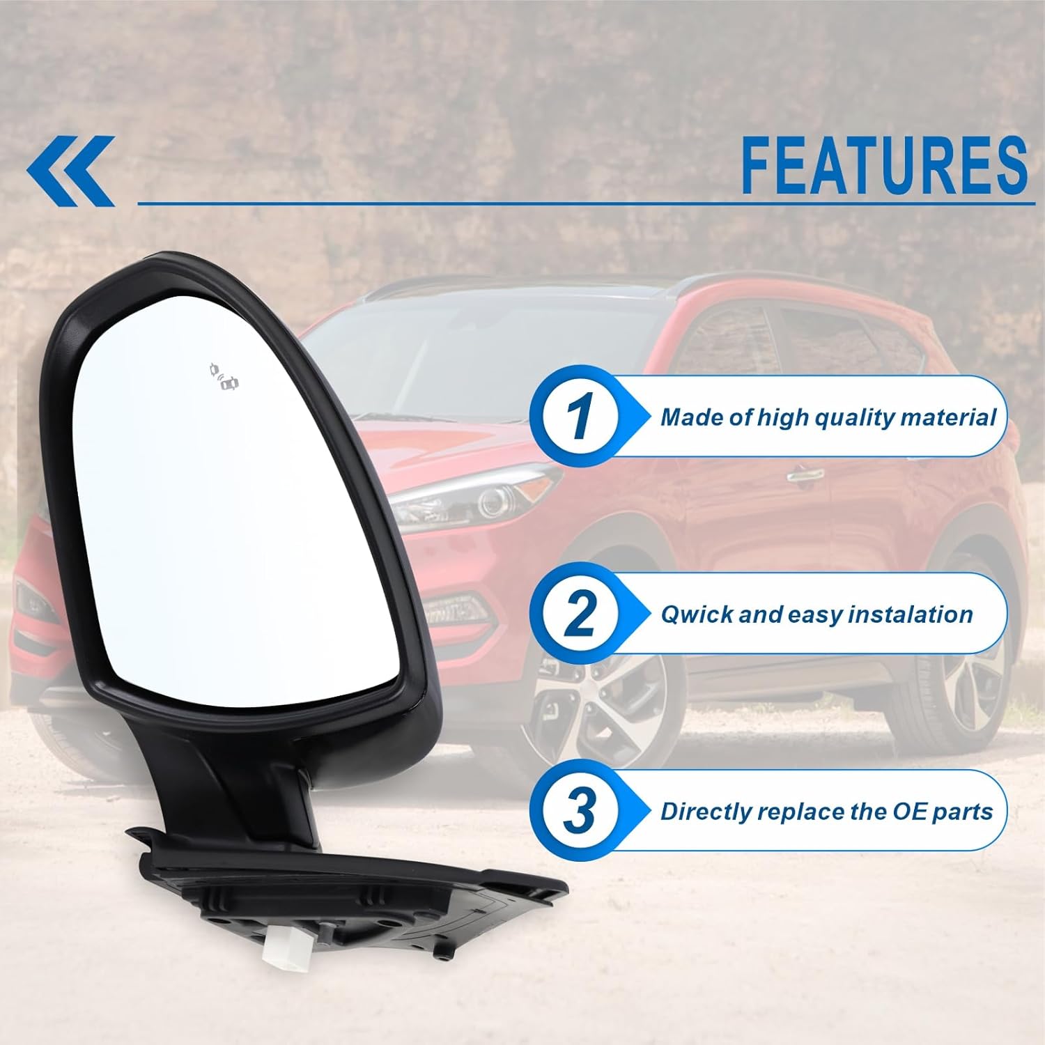 Left Driver Side Mirror Compatible With 2016 2017 2018 Hyundai Tucson With Manual folding Power glass Turn Signal Heated Blind Spot Black Replace #HY1320231(8Pins)