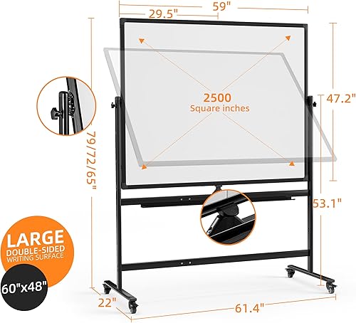 Miniatura 6 de Pizarra blanca rodante, pizarra blanca de 48 x 60 pulgadas con soportes movibles de borrado en seco sobre ruedas, pizarra blanca grande de doble