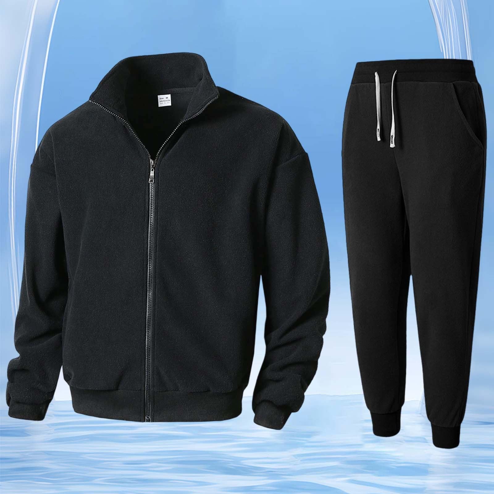 Generisch Tuta da uomo in pile con colletto alto, tuta da jogging in due pezzi, per sport e tempo libero, set di giacca con zip e pantaloni da jogging