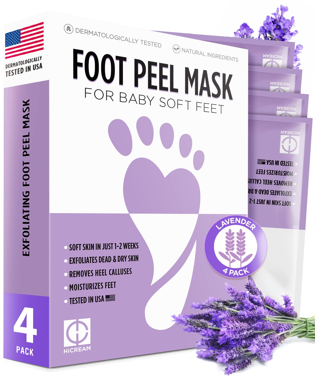 Photo 1 of 2 PACK OF Hicream Foot Peel Mask- 4 Pairs of Regular Skin Exfoliating Foot mask For Cracked Heels, Dead Skin & Calluses, Removes & Repairs Rough Heels, Dry Toe Skin, Lavender Scent Lavender 4 Count (Pack of 1)