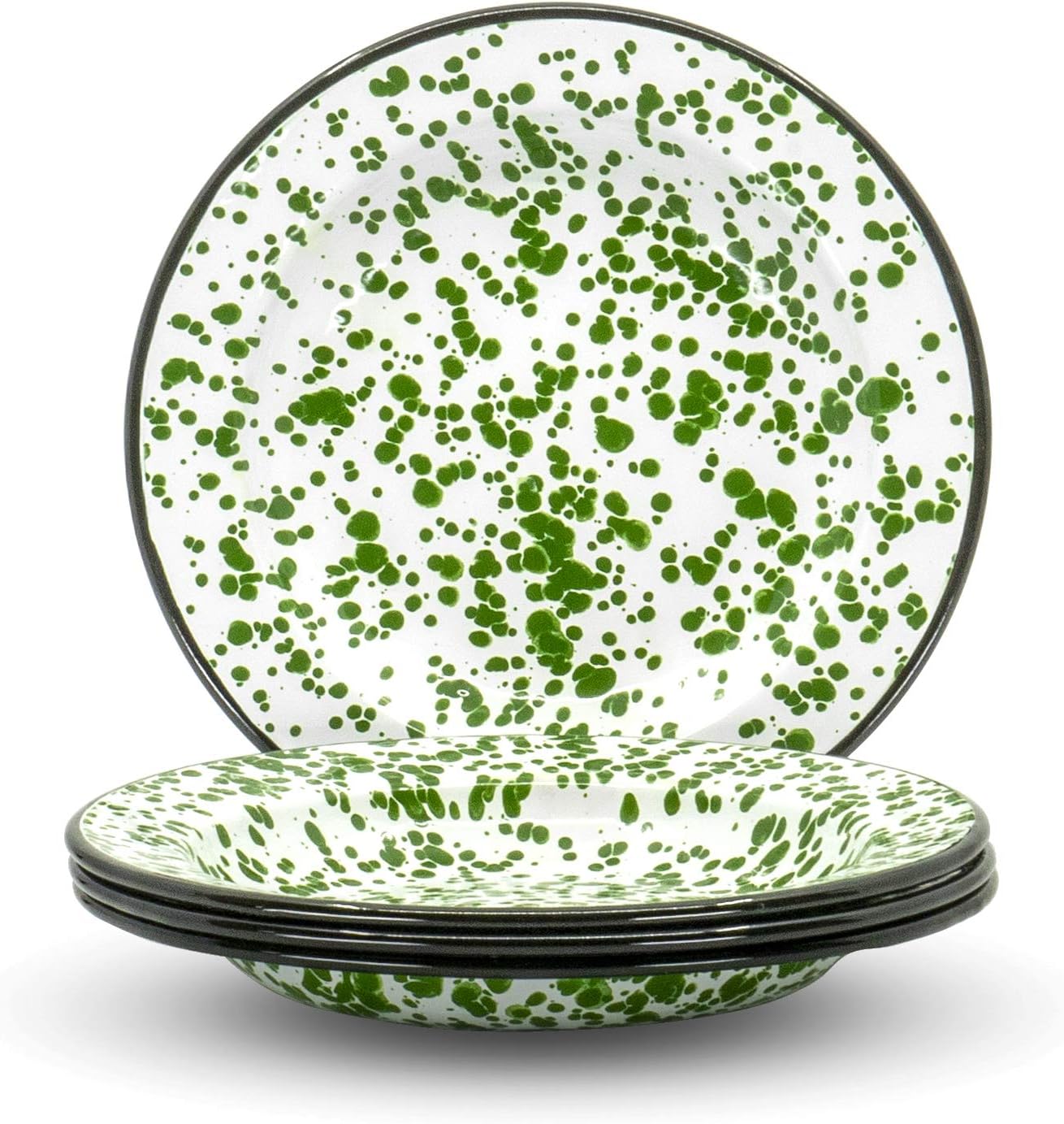 Red Co. Set of 4 Enamelware Metal Classic 8" Round Salad Plate, Dark Green Marble/Black Rim - Splatter Design