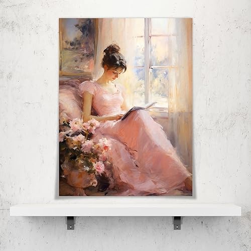 Miniatura 2 de Huabsad Pintura al óleo de retrato vintage, arte de pared retro de niña rosa leyendo un libro, carteles famosos antiguos femeninos, impresiones en