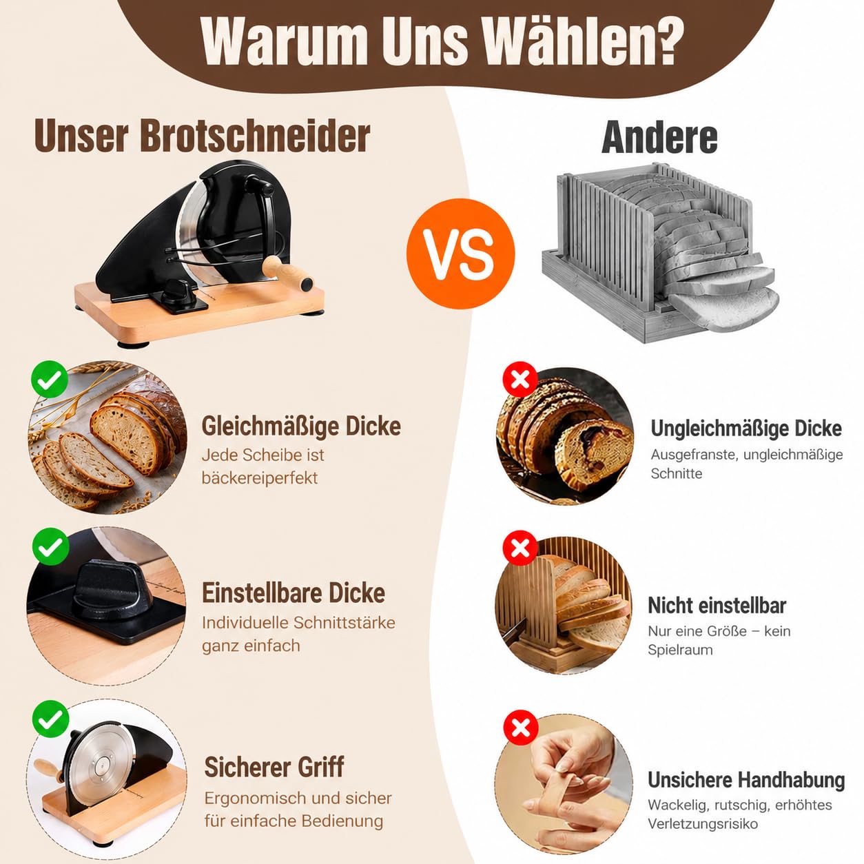 Brotschneidemaschine Manuell mit Handkurbel,Brotschneider mit Verstellbarer Scheibenbreite 0-2,2 cm,Edelstahl Klinge & Massivholz,Tragbare Schneidemaschine mit Saugnäpfen für Sauerteig Brot&Roggen
