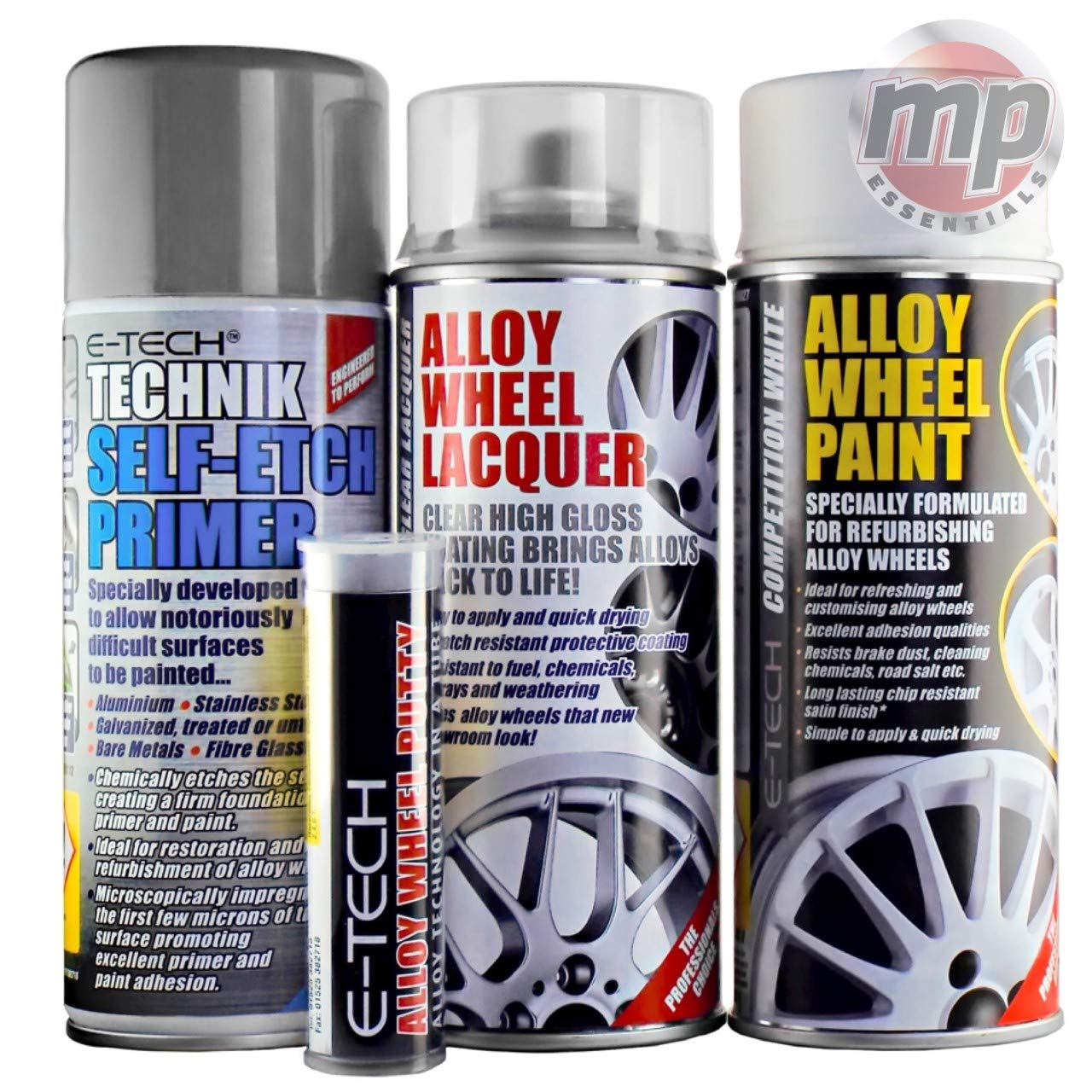 Mp Essential Competition White E-Tech 4 Step System Alloy Wheel Restore Refurbishment Repaint Pack | Alloy Wheel Primer, Lacquer & Paint With Free Putty Included (Competition White)