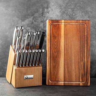 Knife Sets for Kitchen with Block and Wood Cutting Board, BILL.F 18 Pieces Set of Knives for Kitchen with Block and Sharpe...