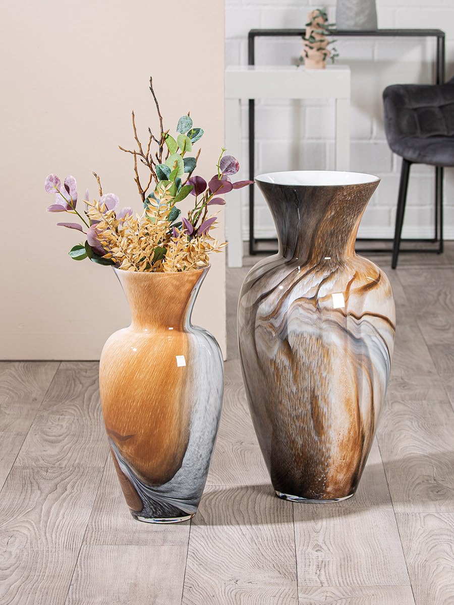 GILDE GLAS art Deko große Vase Blumenvase - Glasvase aus Farbglas - Deko Wohnzimmer Geschenk für Frauen Höhe 65 cm Braun Weiß