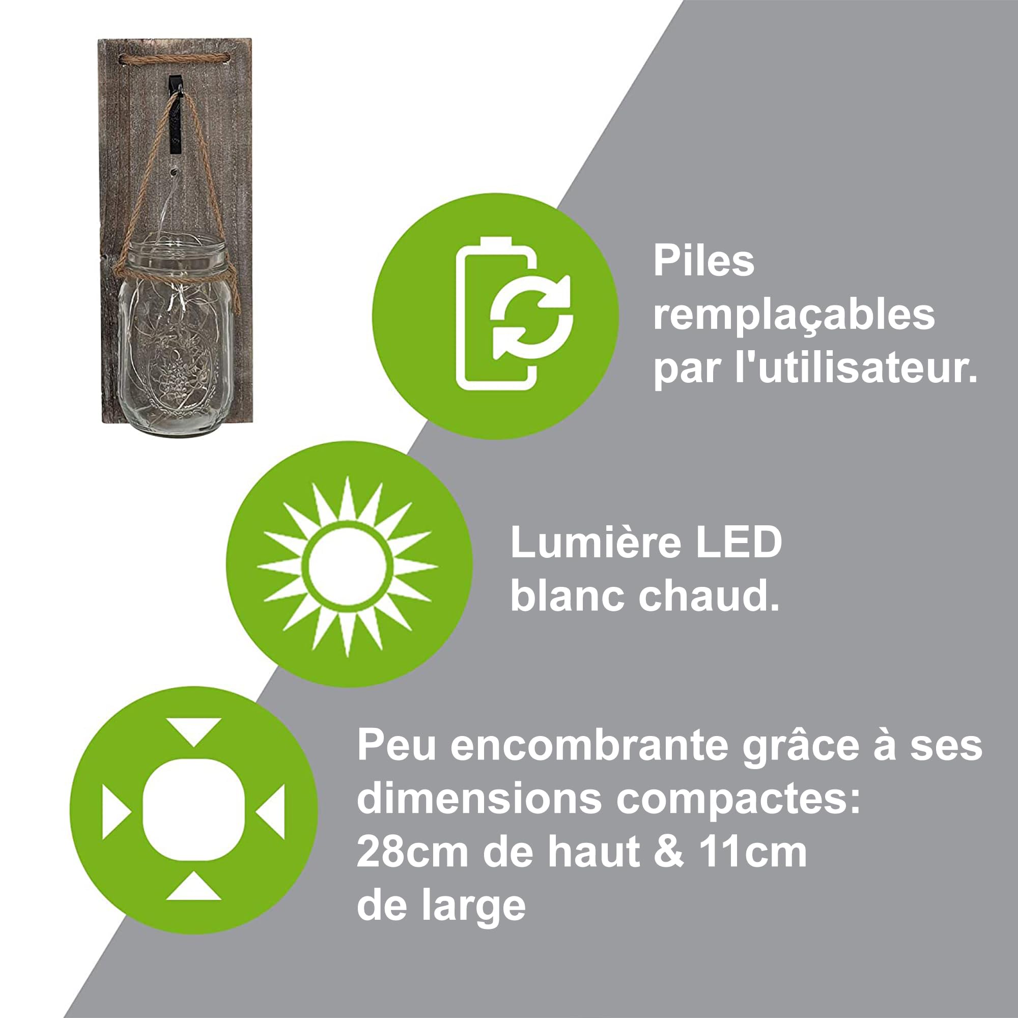 ISOTRONIC Set de 2 appliques murales LED en verre – Décoration bocaux Mason avec guirlande et planche en bois – Style rustique à piles – Bocaux à remplir soi-même pour jardin, salon et terrasse