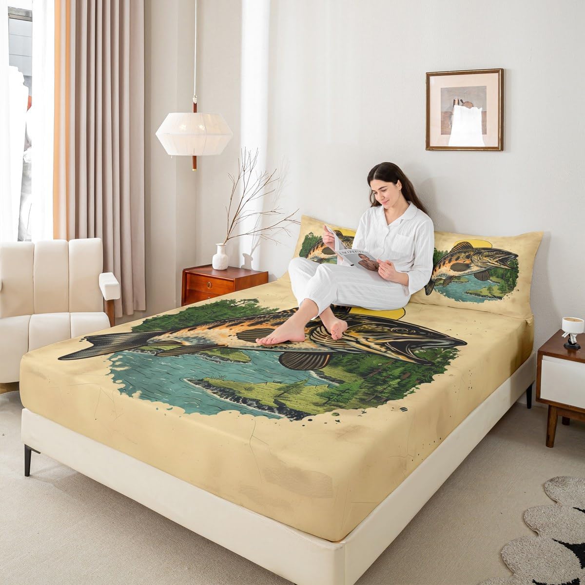 jejeloiu Fishing and Hunting Bedding Set Full Size Kids Bass Big Fish Fitted Sheet for Boys Girls Teens Pike Fish Bed Sheets Set Breathable Soft Lightweight Vintage Room Decor