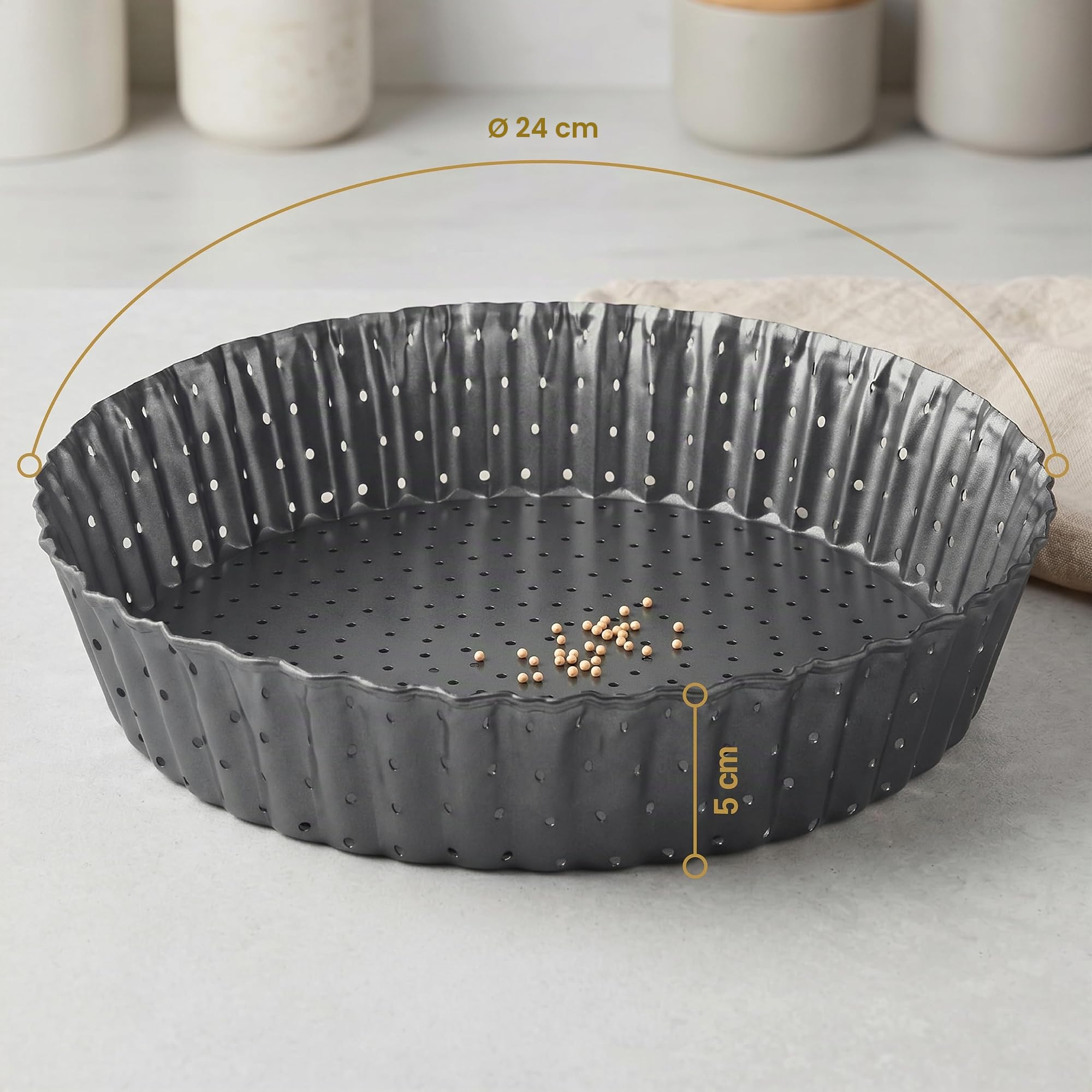 Moule à Tarte Perforé - Moule à Quiche avec Fond Amovible - Plat/Moule Tartelette - Moules à Gâteaux Rond - Revêtement Antiadhésif - Moule à Flan Haut - Ø 24 cm - Hauteur 5 cm