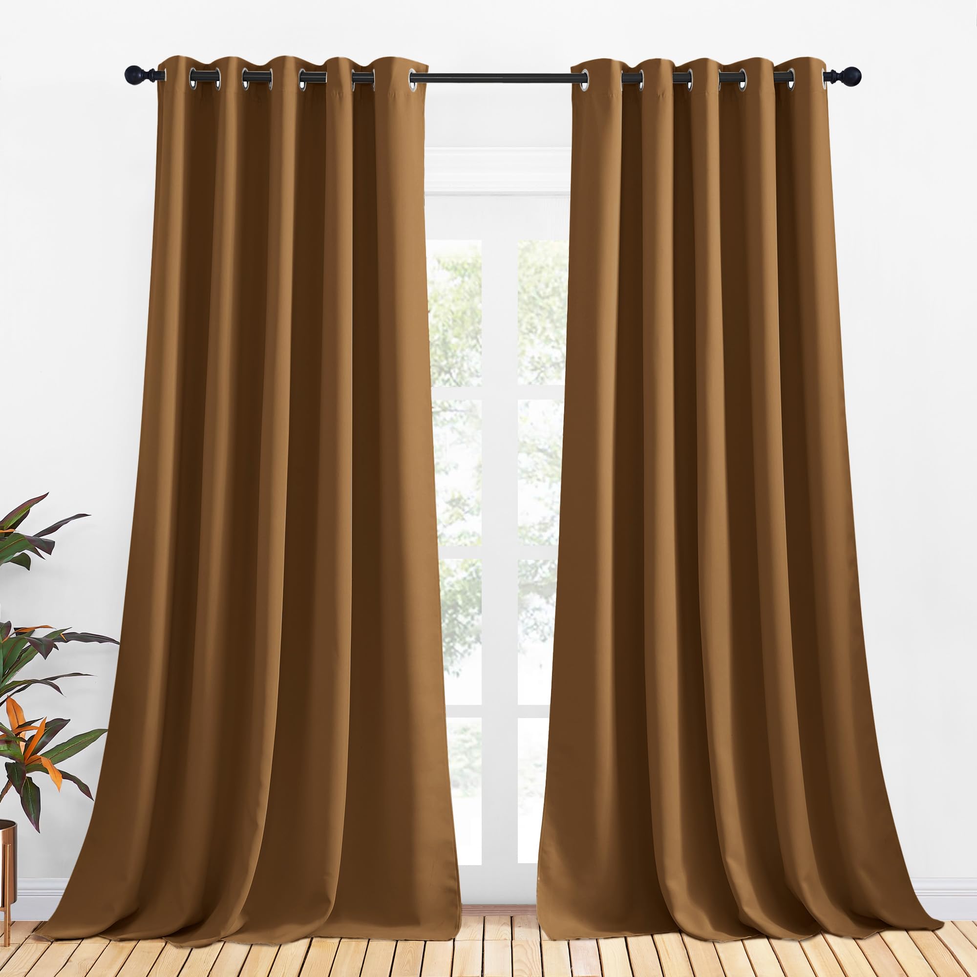 NICETOWN Bedroom Curtains Blackout Drapery Panels, 2 Panels, 70 x 108 inches, Gold Brown, Three Pass Microfiber Thermal Insulated Solid Ring Top Blackout Window Curtains/Drapes