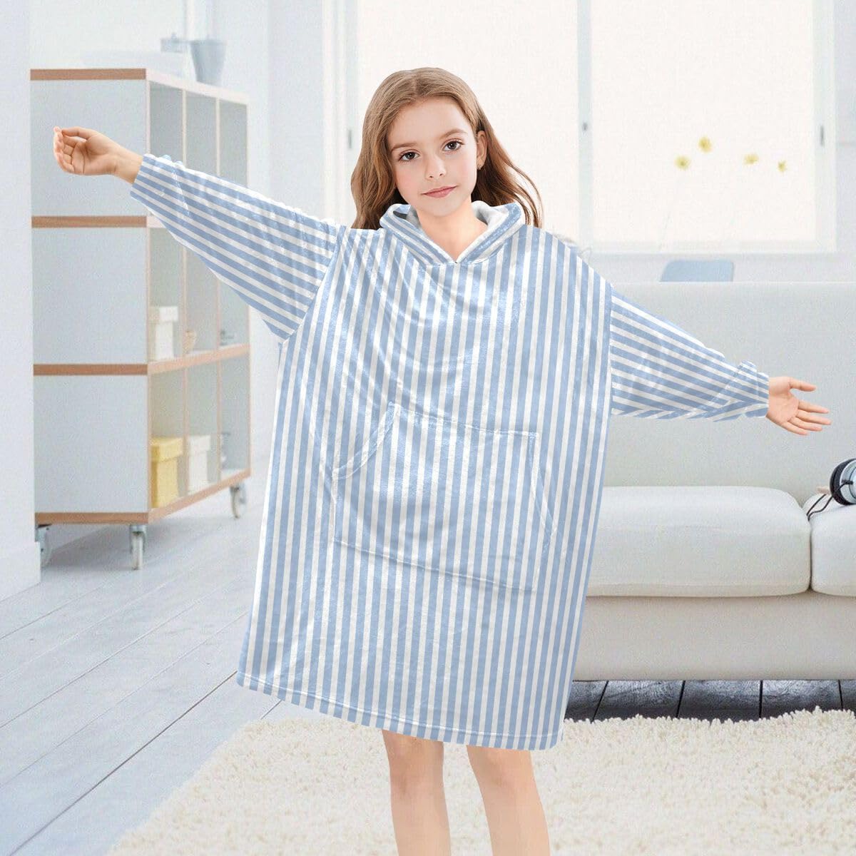 Niebieski lniany koc w paski dla dzieci do noszenia bluza z kapturem oversize bluza koc sweter geometryczny dla chłopców i dziewcząt w wieku 3-14 lat