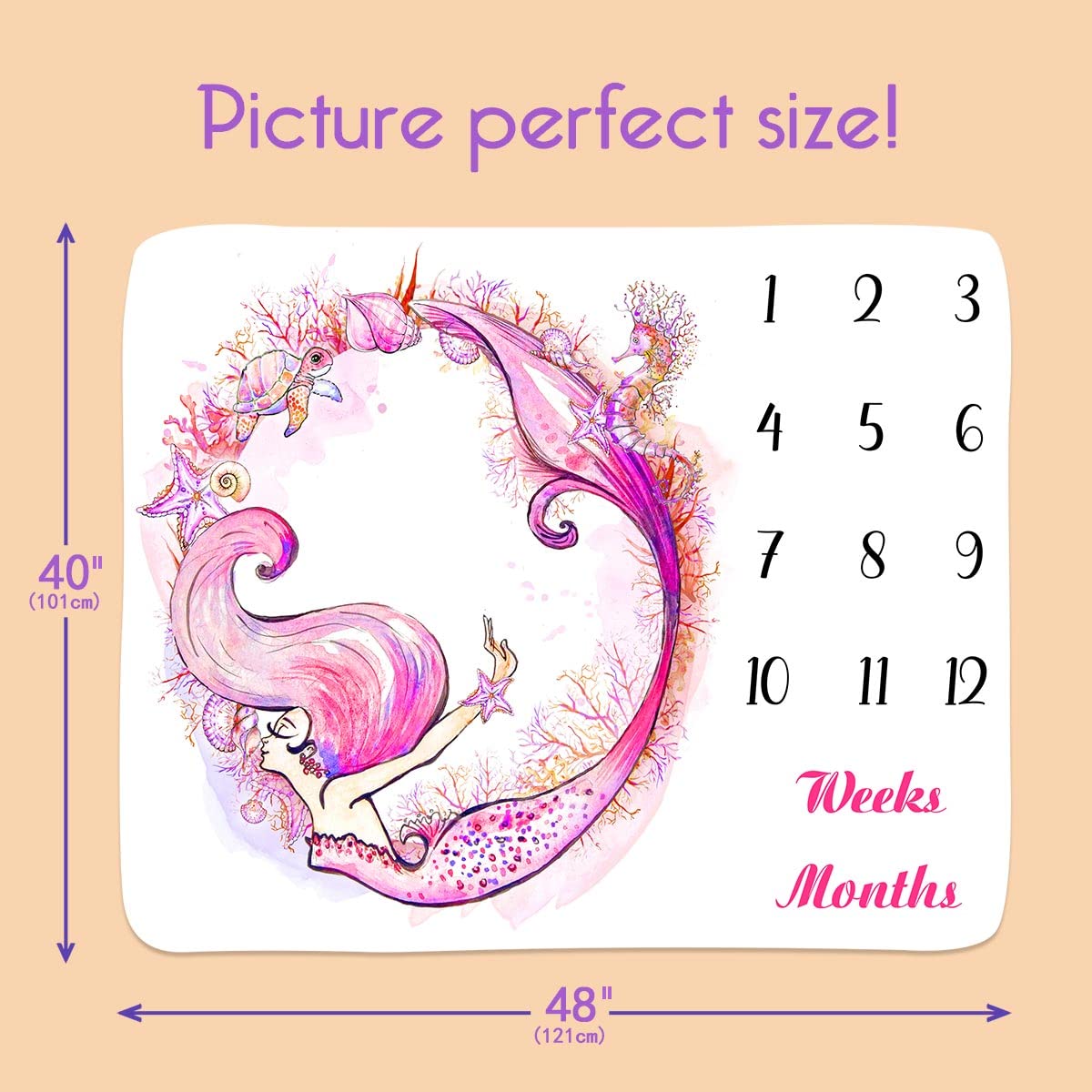 BTLSPH783 - Manta mensual de sirena para bebé, estrella de mar, caballito de mar, tortuga, concha, rosa, gráfico de crecimiento para fotos, 48 x 40 pulgadas, recién nacido de 1 a 12 meses con