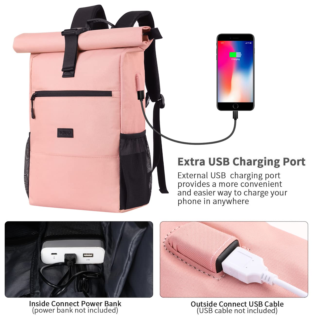 Plecak typu rolltop z portem ładowania USB dla kobiet i mężczyzn, wodoodporna torba na uczelnię
