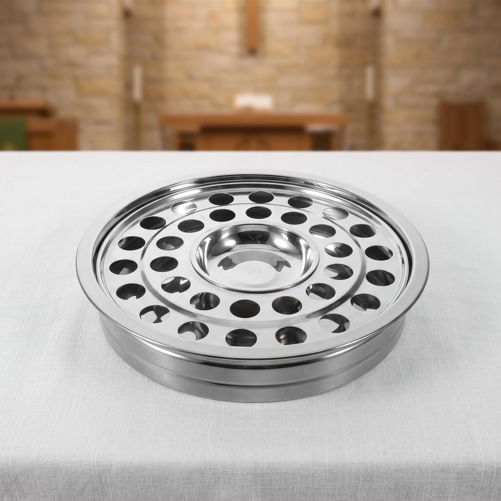 jojofuny Vassoio per Santa Cena in Acciaio Inossidabile Argento, Capienza 32 Bicchieri, Design Rotondo Leggero e Adatto per Alimenti, per Celebrazioni Religiose e Feste