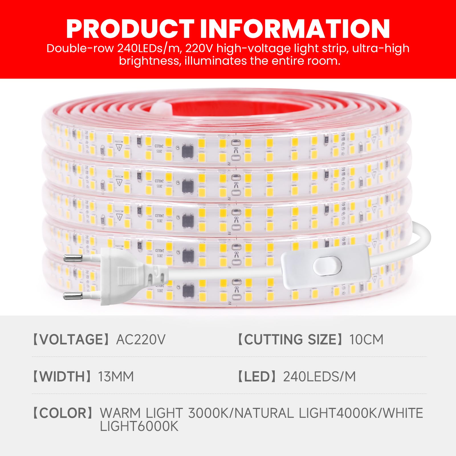 Tira LED 220V con Encendido/Apagado [20m, Blanco 6000-6500K], SMD2835, 240 LEDs/M IP65 Impermeable Flexible Tira LED CRI85+, Cortable 10cm, Decoración DIY para Hogar/Tienda