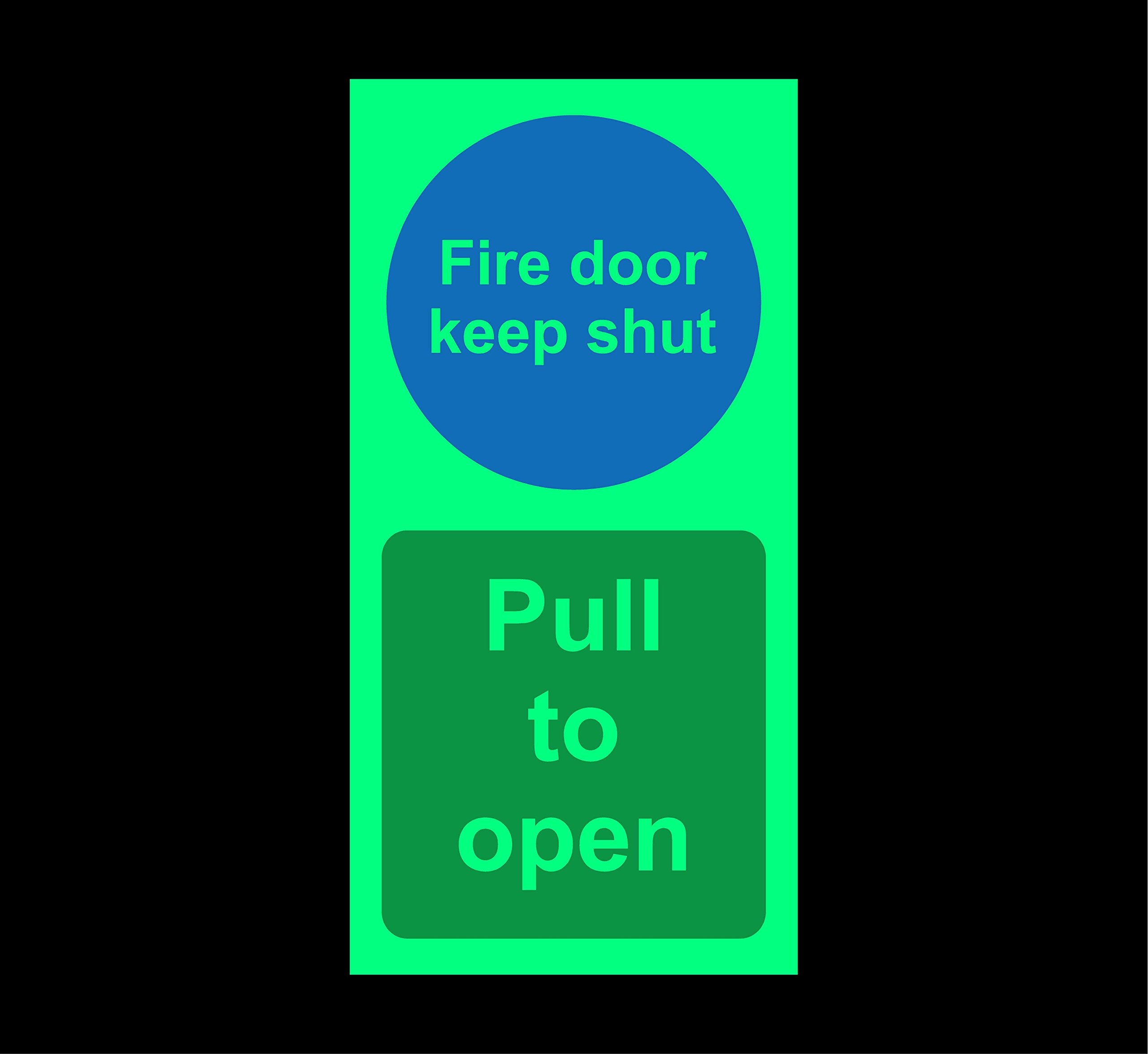 Fire door keep shut pull to open Safety sign - 200mm x 100mm 1.2mm Photoluminescent rigid plastic with self adhesive backing