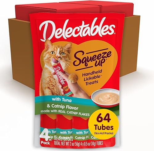 Miniatura 12 de Delectables Squeeze Up - Paquete variado de hierba gatera, puré cremoso exprimible, golosinas húmedas para lamer para gatos, sin granos, sin