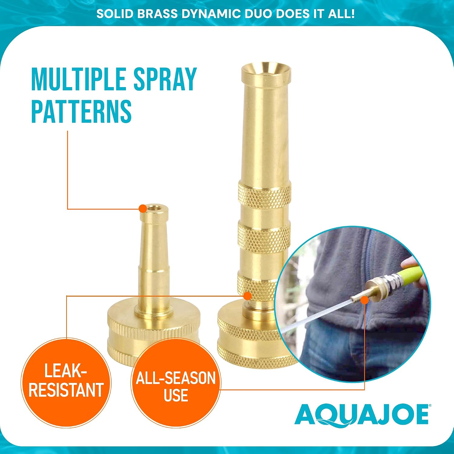 Aqua Joe Solid Brass Hose Nozzle Set - High Pressure Jet Sweeper + Twist Spray Nozzle, 2-in-1 Garden Hose Attachments, Compatible with Standard 3/4 in Hoses image 5