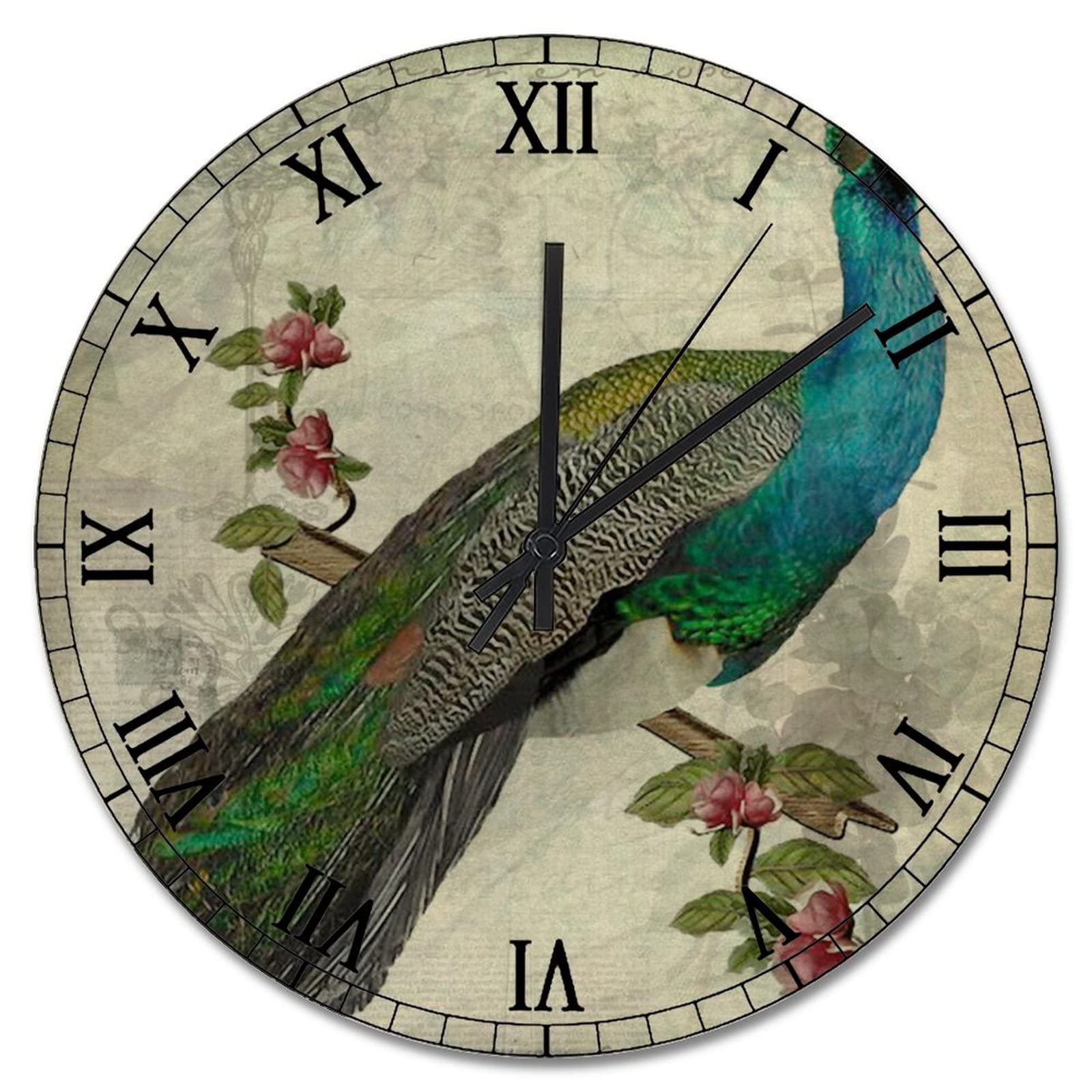 Horloge murale style chinoiserie de 38 cm avec motif paon vert et bleu