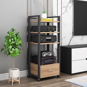 3/4/5-Tier AV Media Stand CD Player Stand Stereo Component Cabinet Multi-Function Open Storage Rack Audio Tower with Height Adjustable Wooden Shelf and Drawer for Home/Office/Theater  Color B-4 Tie