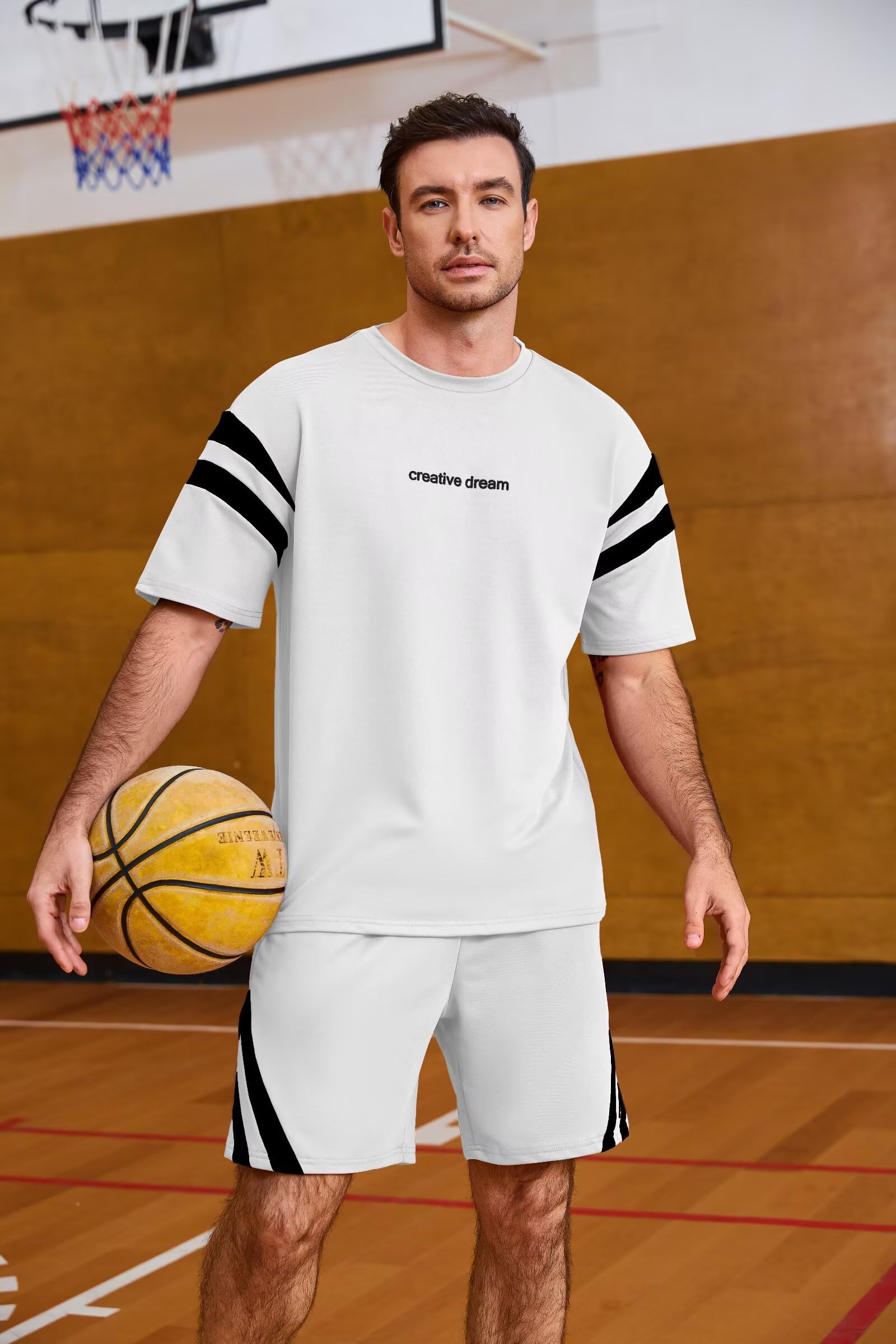 Remxi Tuta da uomo in 2 pezzi, set estivo corto da uomo, maglietta a righe e pantaloni, tuta casual