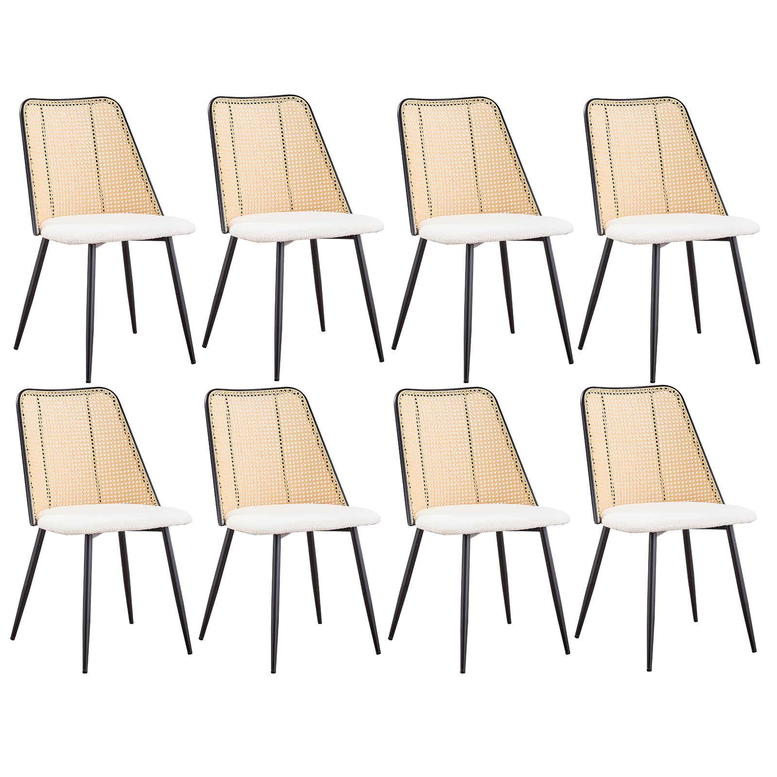 Juego de 8 Sillas de Comedor Modernas, Respaldo Tejido de Ratán, Asiento de Felpa Granulada, Estructura de Metal Negro, se Puede Usar como Silla de Cocina, Silla de Sala de Estar