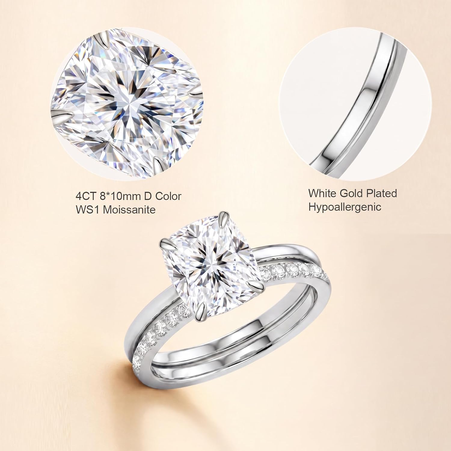 4CT Cushion Cut Moissanite Engagement Ring Set for Women, 3EX D Color VVS1 Bridal Wedding Band Set, Promise Travel Ring, 14K Gold/White Gold Plated with Certificate, Size 5-9