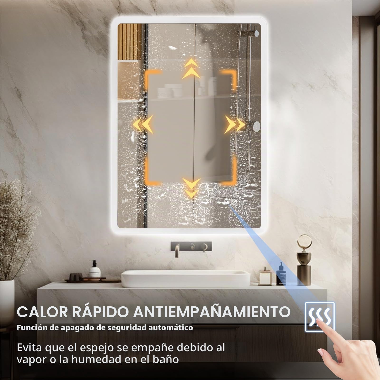 Espejo de baño antiniebla montado en la Pared de 70 x 50 cm, iluminación LED con 3 Luces Regulables de Color e Interruptor táctil, Montaje Horizontal/Vertical