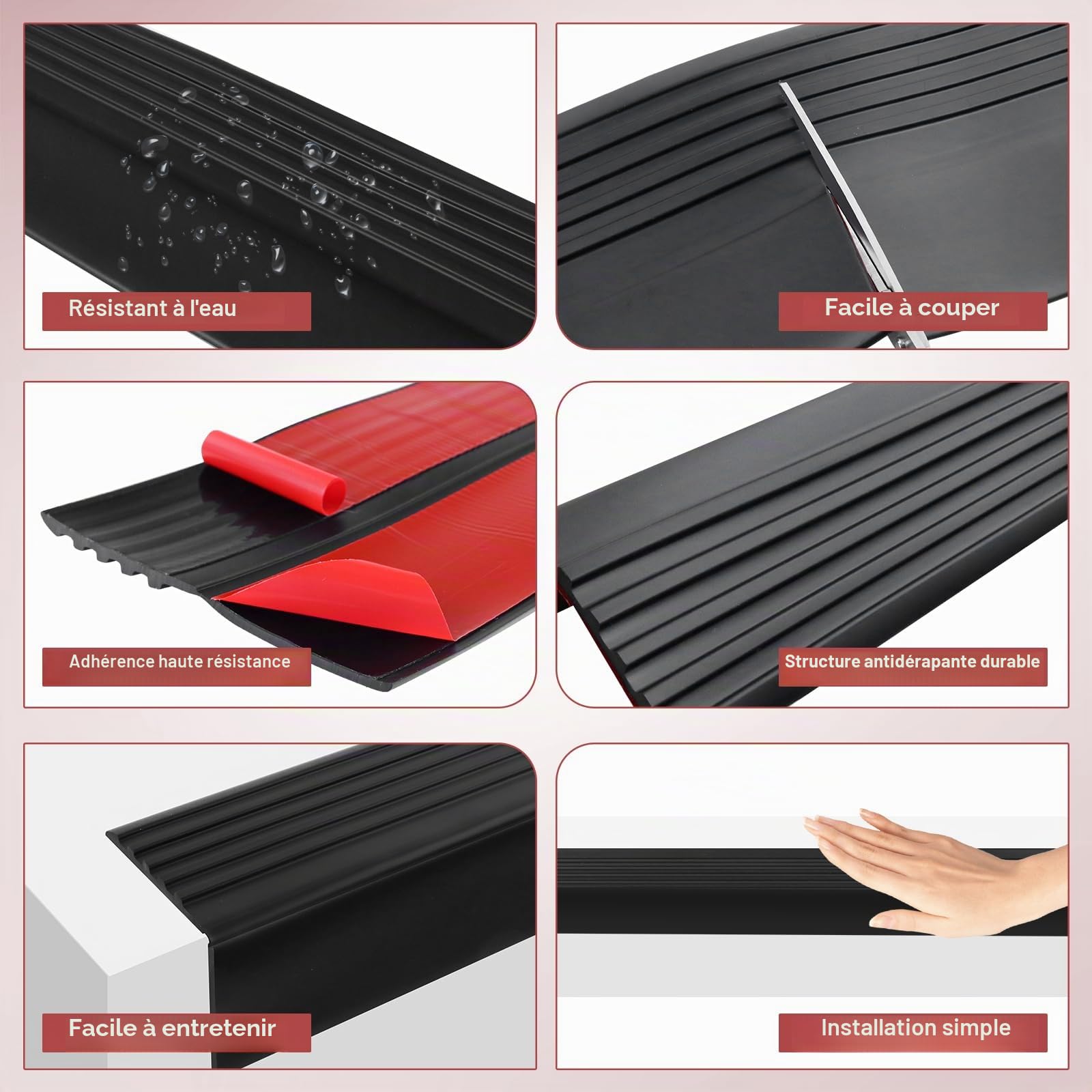 Nez d'escalier antidérapant en vinyle auto-adhésif, marches en PVC flexible pour intérieur et extérieur, imperméable et résistant à l'usure (5 + 4,8 x 12 m et noir)
