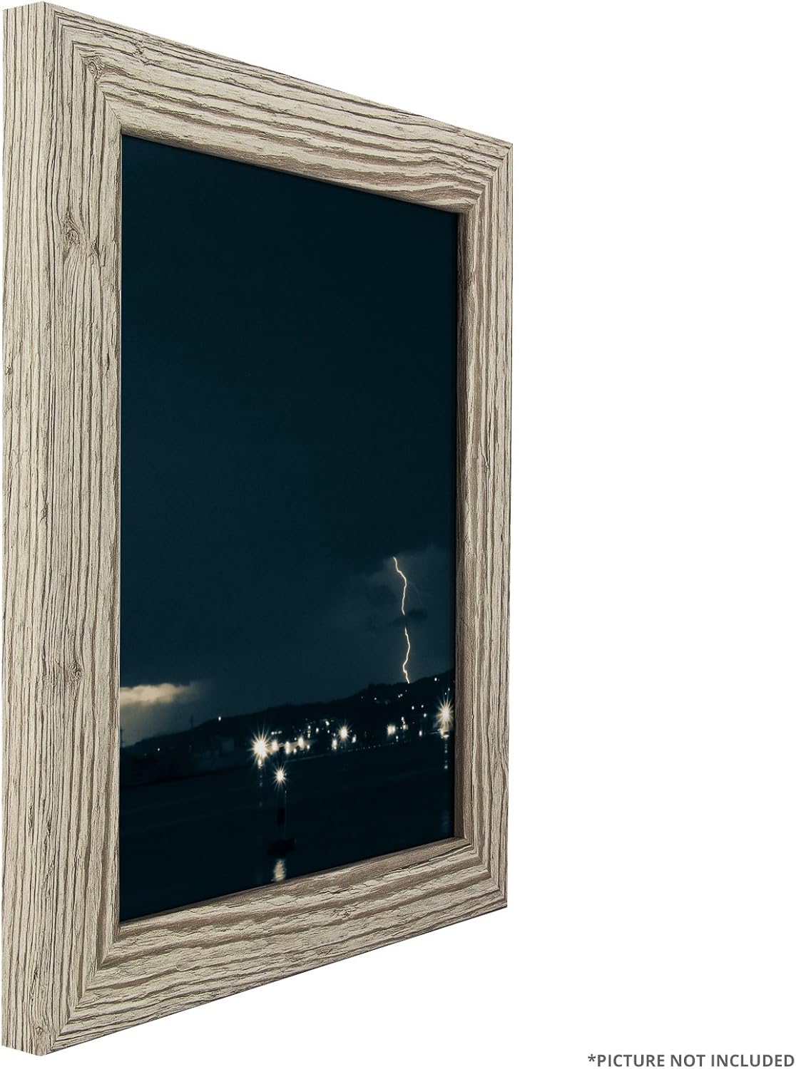 A Craig Frames picture frame displaying a lightning strike image, viewed from an angle.