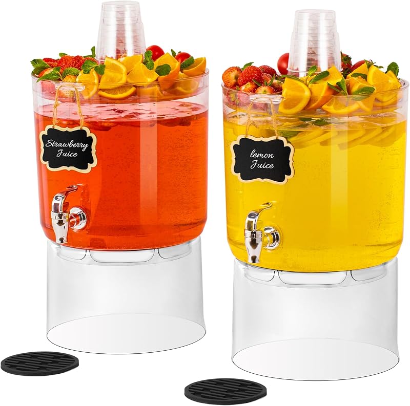 2 Gallon Drink Dispensers for Parties 2 PACK with Stand | BPA-Free Plastic Beverage Dispensers, No-Drip Spigots & Multi-Function Lid for Punch, Lemonade, Iced Tea, Outdoor Parties
