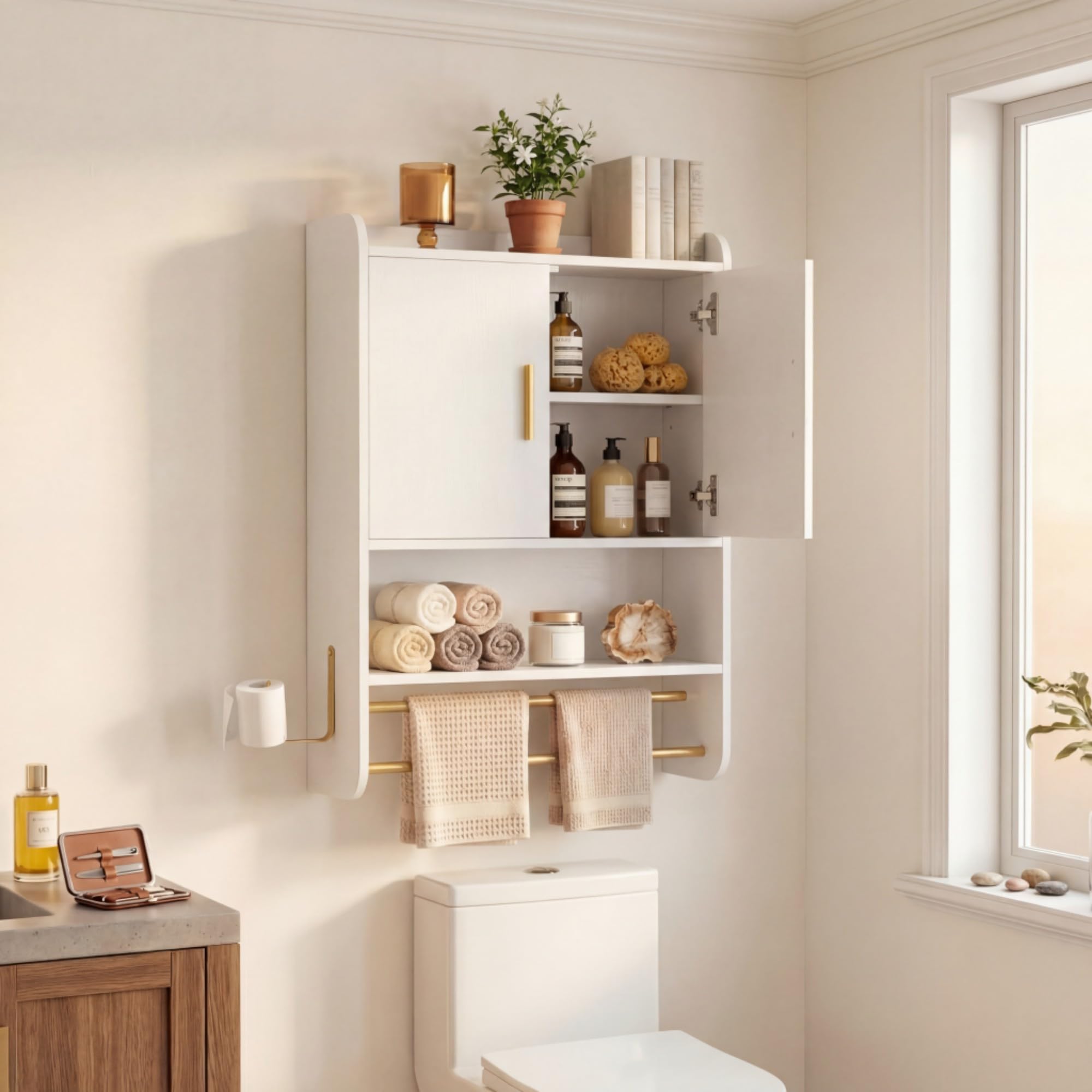 LIFEZEAL Mobile Bagno a Parete, Pensile Bagno Sospeso con Ripiano Regolabile, Scomparto Aperto, 2 Portasciugamani e Gancio Laterale, Mobile Cucina Salvaspazio per Ingresso, 55 x 20 x 80 cm (Bianco)