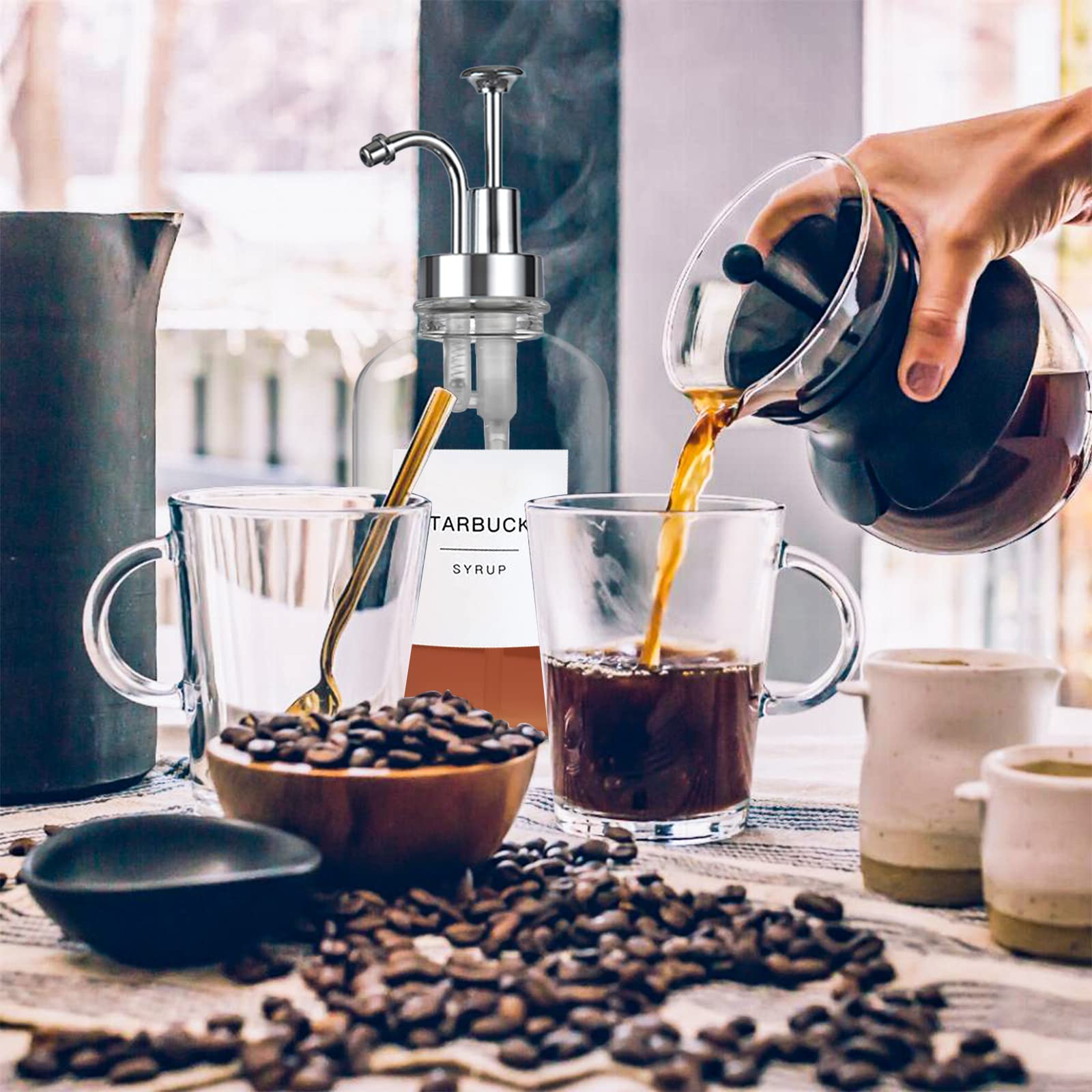 Set di 2 Erogatori di Sciroppo di caffè con 36 Etichette, Erogatore a Pompa per Bar, Bottiglie di Vetro Minimalista in Acero/caffè, Bottiglie di Sciroppo Semplici, 16,9 oz 500 ml (Argento)