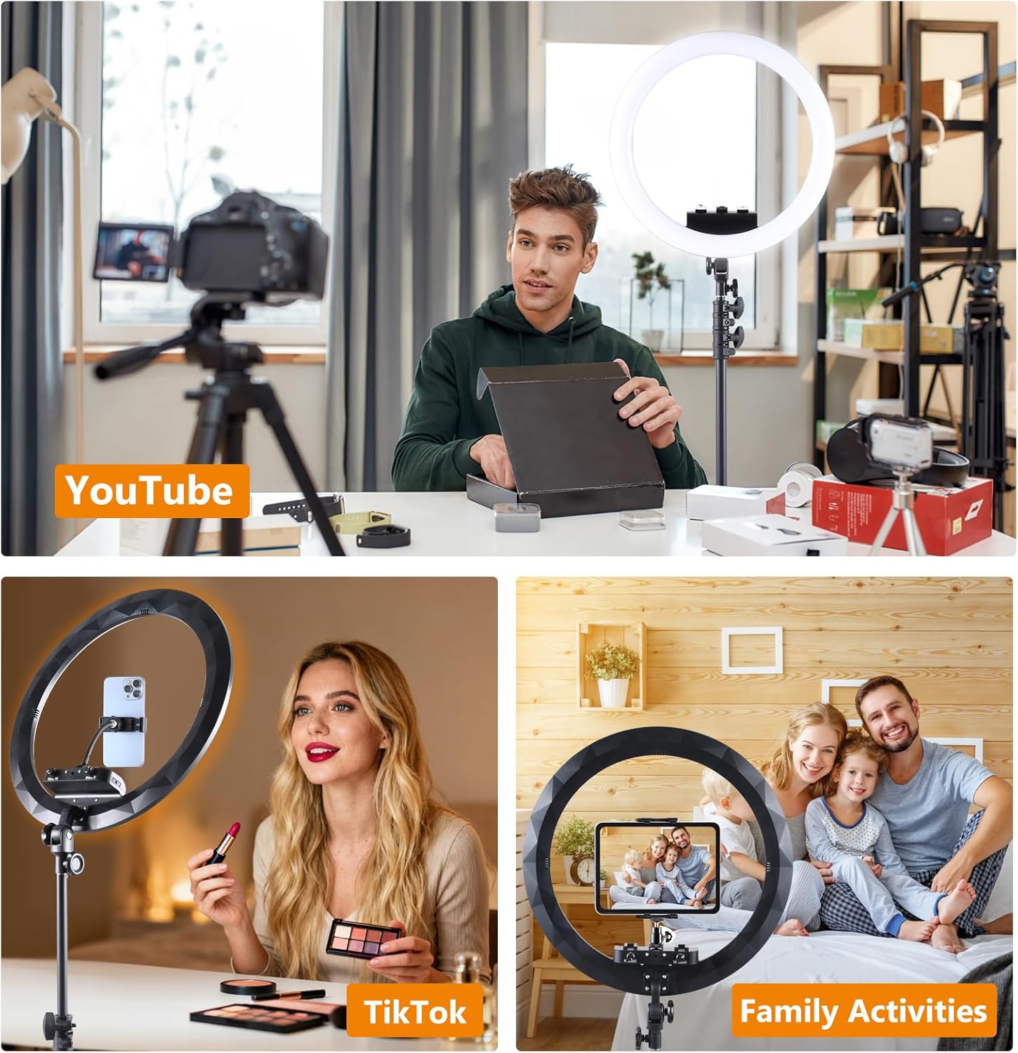Large Ring Light with Stand, 19" Ring Light with 75" Tripod & Wheels, 6500K Dimmable Ringlight for ipad Phone Holder, Selfie Light for Live Tattoo Makeup Barber Video Recording Photography Lighting
