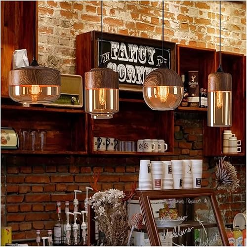 Miniatura 4 de Lámpara colgante de cristal de la industria retro, Iluminación colgante de acabado de grano de madera de metal para isla de cocina, Lámpara de techo
