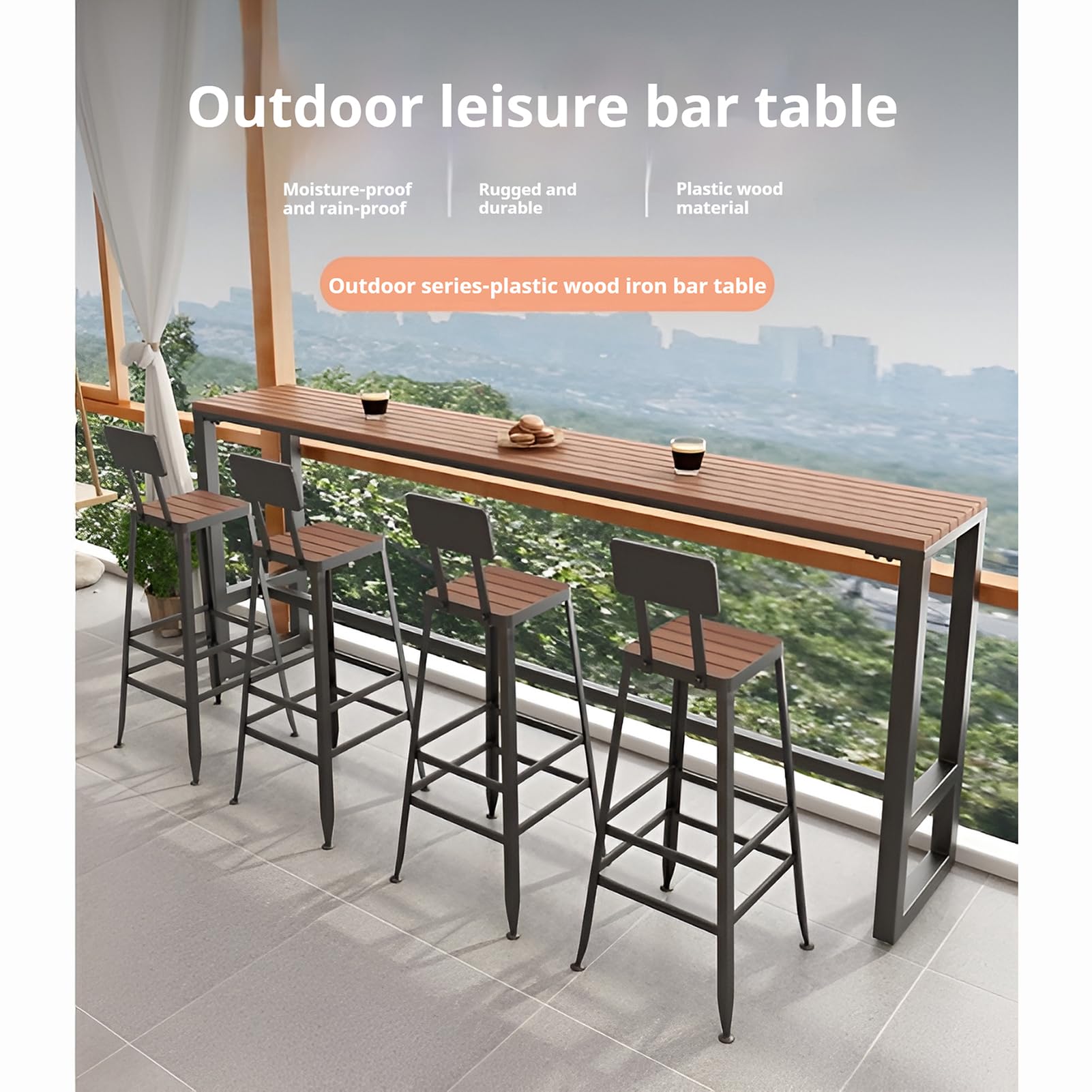 Table de bar d'extérieur rectangulaire en bois, table de salle à manger à tréteaux de ferme, patio, pub, comptoir de hauteur pour balcon et utilisation en extérieur