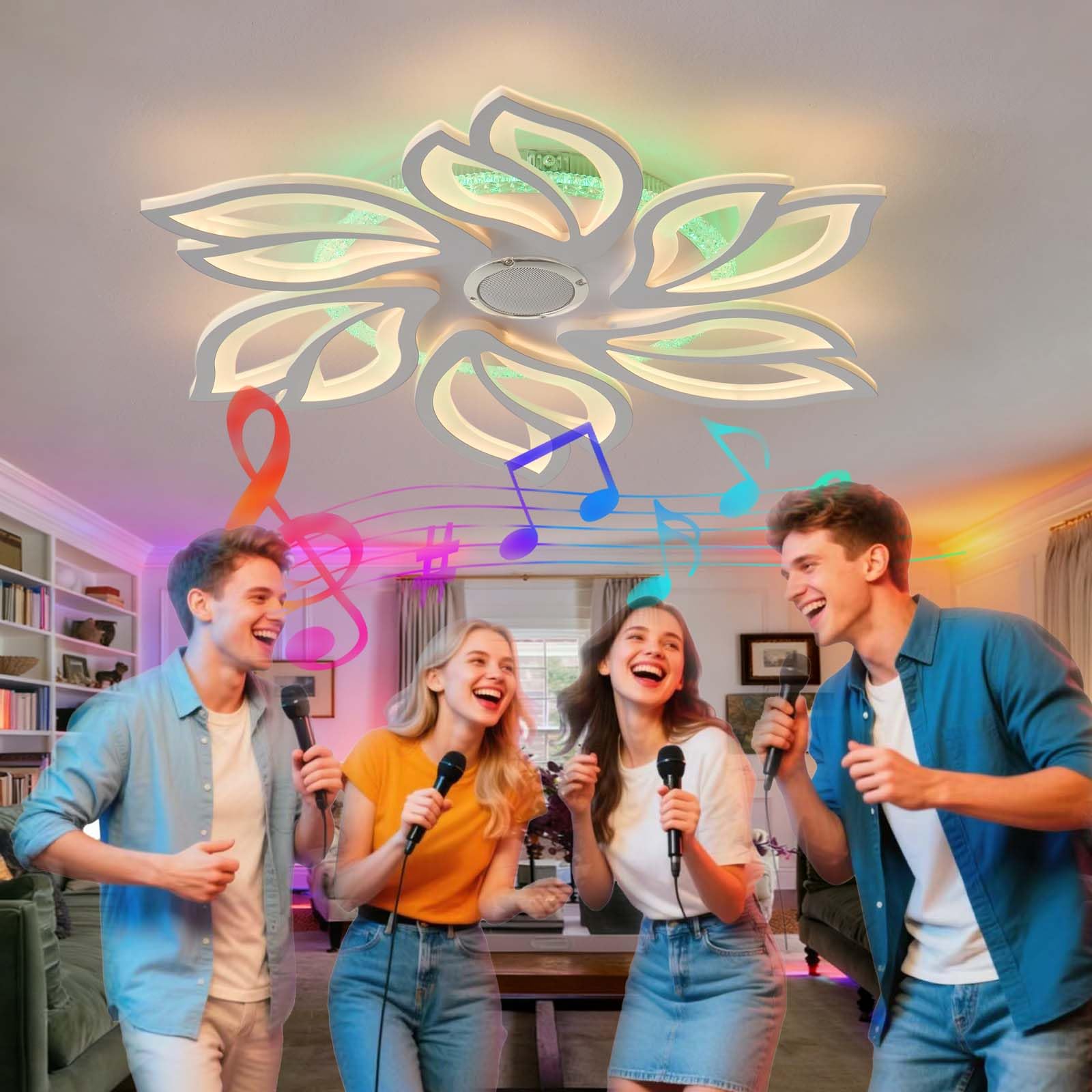 Plafoniera a Forma di Fiore Dimmerabile da 66W con Telecomando APP,Grande Lampadario Camera da Letto con Memoria,Plafoniera RGB con Altoparlante,per Soggiorno Sala Giochi e Feste-White||Audio