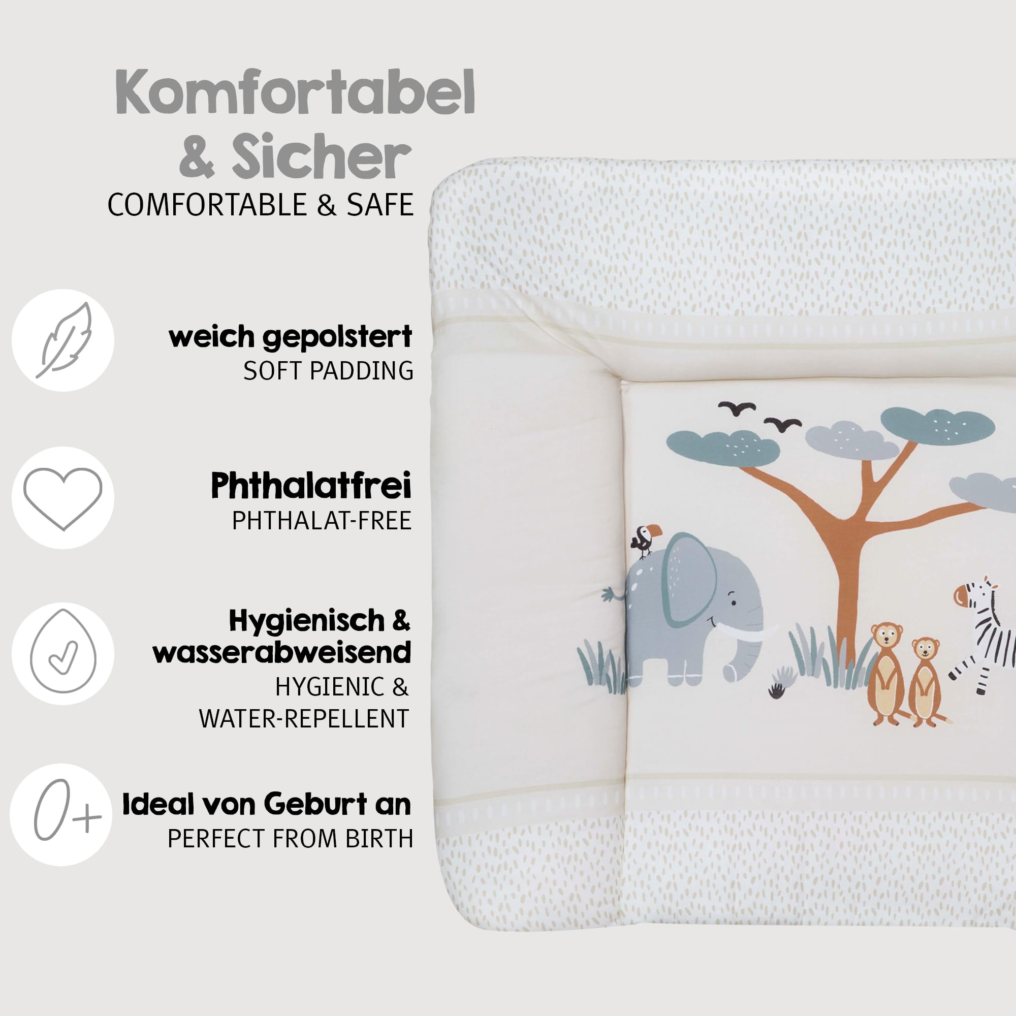 roba Wickelauflage Savanna Friends - 85 x 75 cm - Wickelunterlage für Babys PU-beschichtet - Abwischbar & pflegeleicht - Elefant, Zebra, Erdmännchen & Co. - Beige