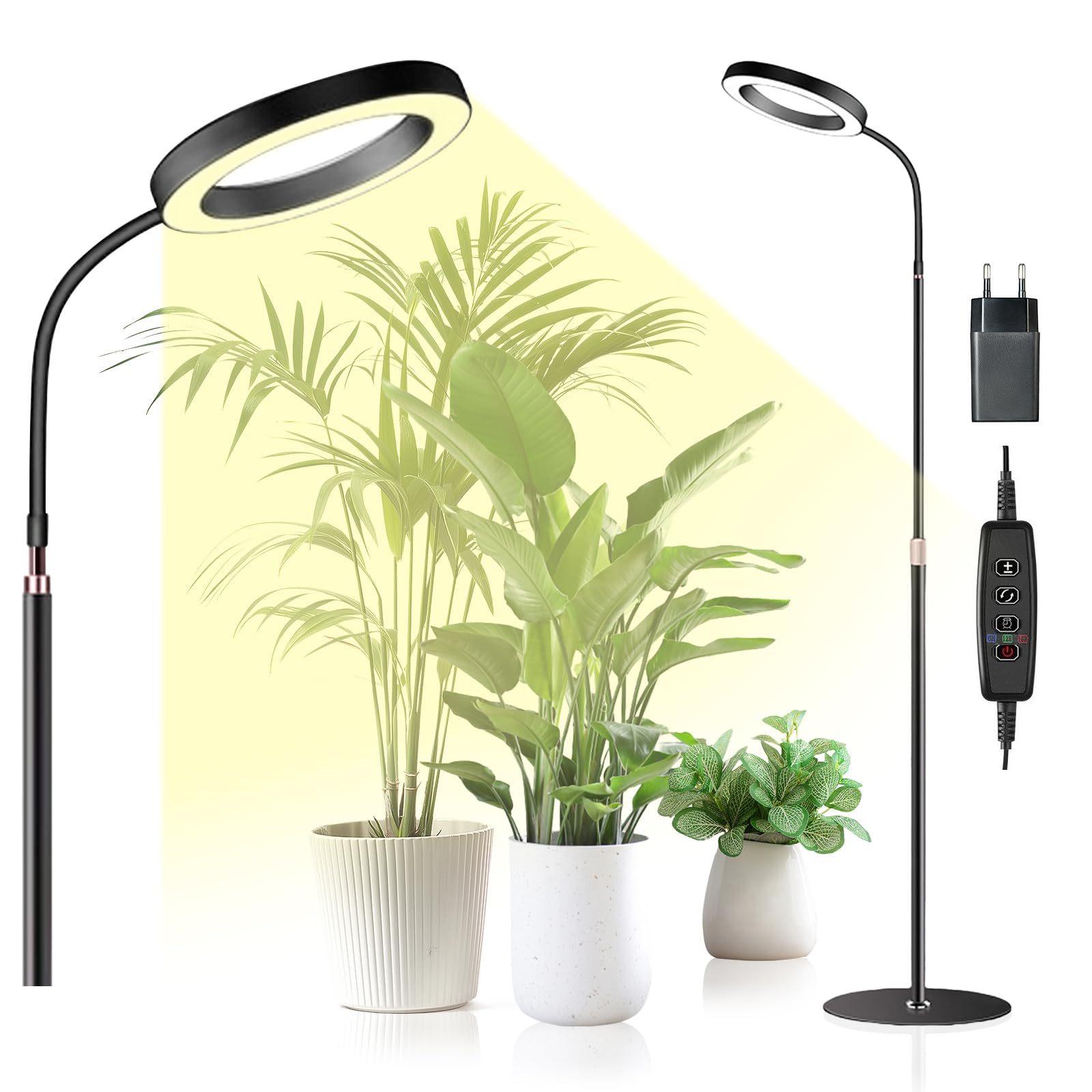 Lampe Horticole LED, Spectre Complet 380-800nm avec Minuterie 6/12/16H, 3 Modes & 10 Niveaux de Luminosité, Hauteur Réglable 57-170cm, pour Plantes d'Intérieur, Livrée avec Timer et Adaptateur